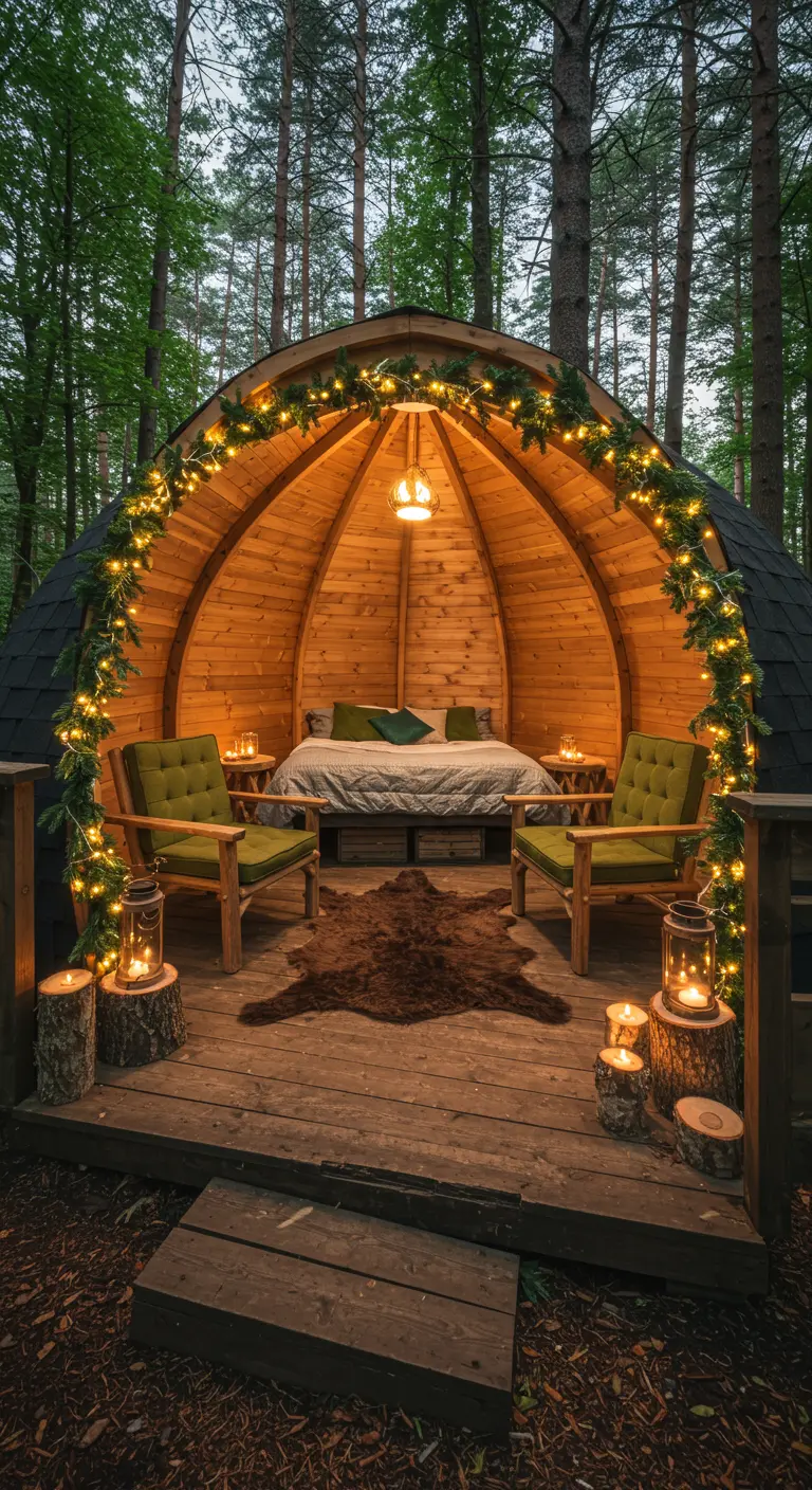 A wooden pod in the forest set up as a bedroom with a bed and cozy chairs.