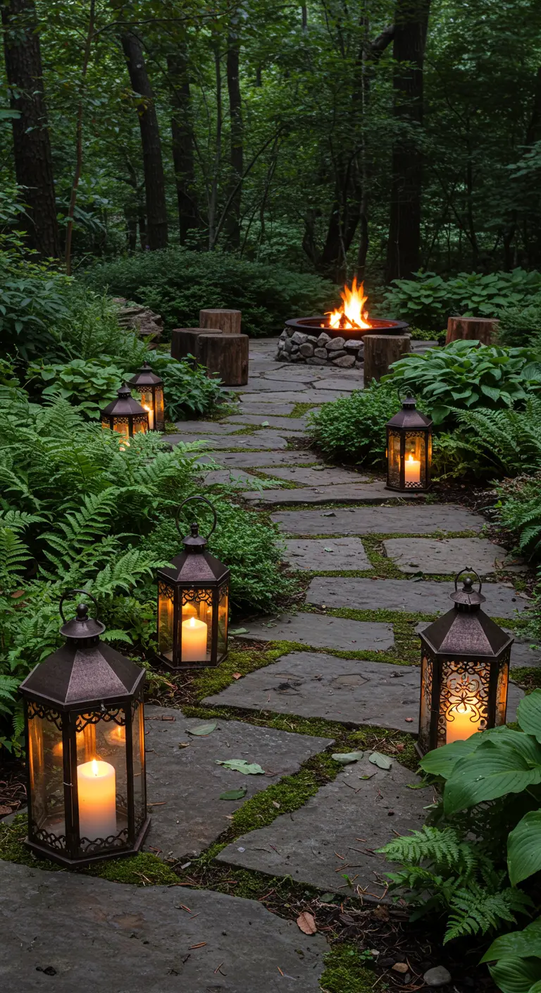 A mossy stone path through a forest, lit by lanterns, leads to a glowing fire pit.