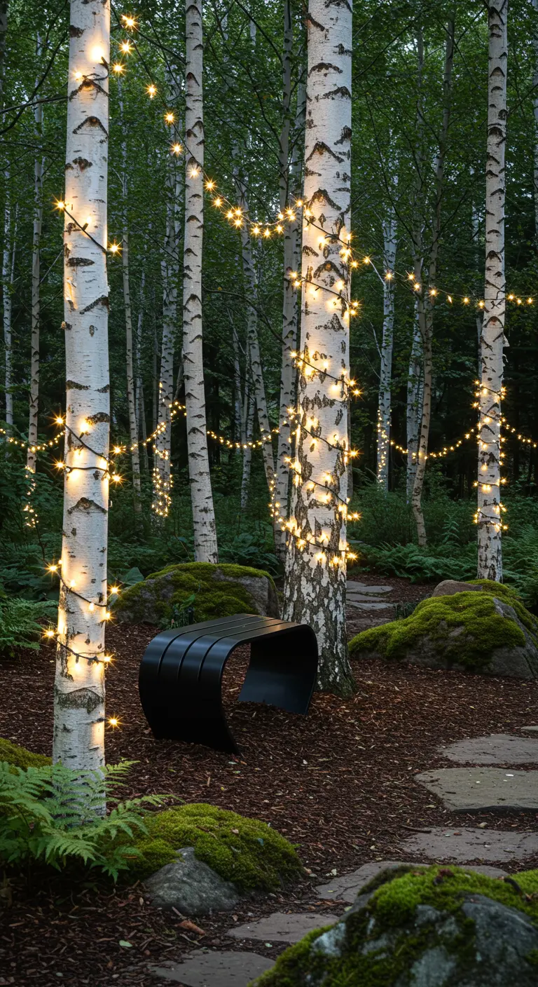 A sculptural black bench in a birch forest with tree trunks wrapped in lights.