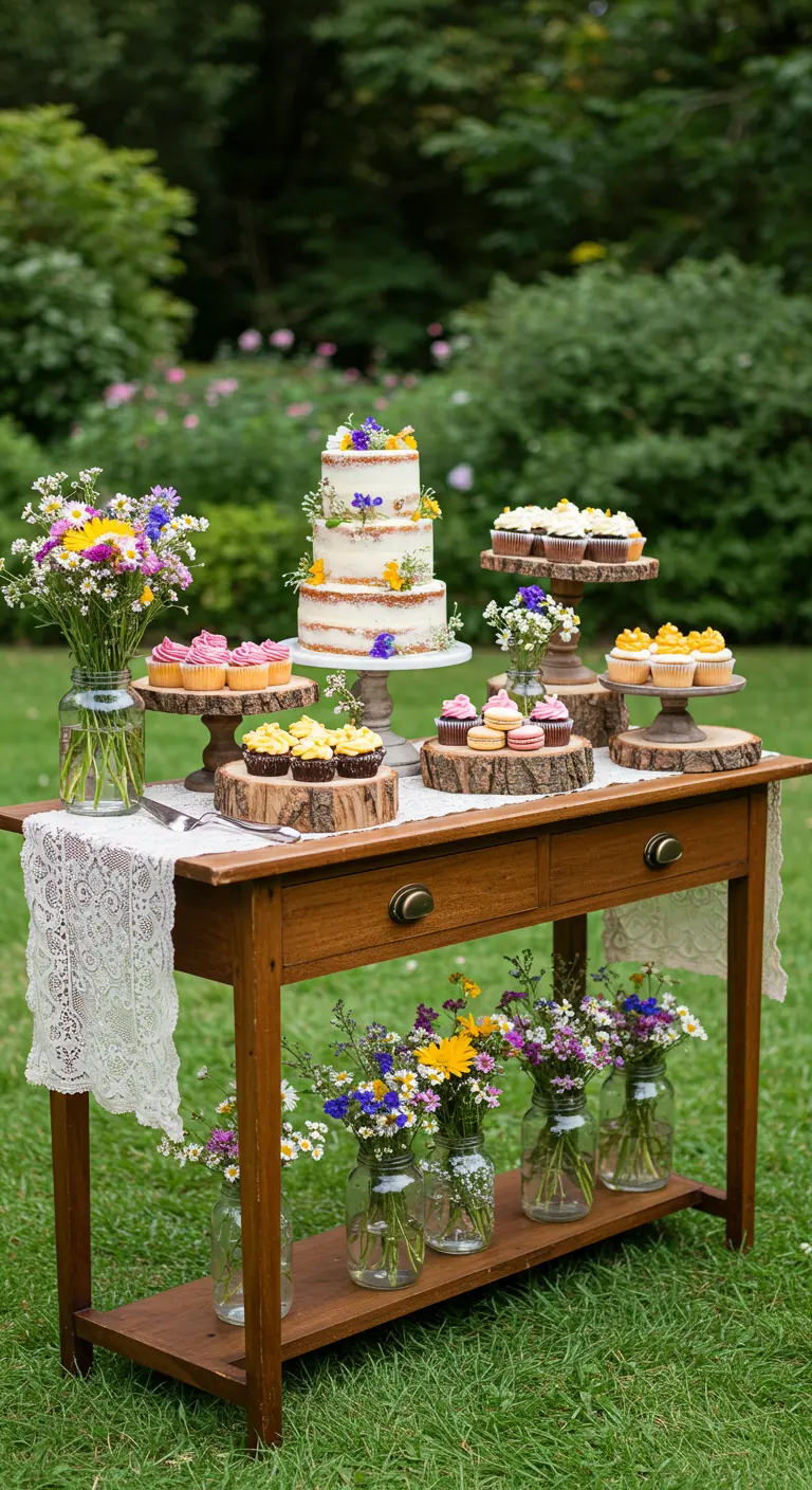 A dessert table in a garden, with a cake and cupcakes displayed on wood slices.