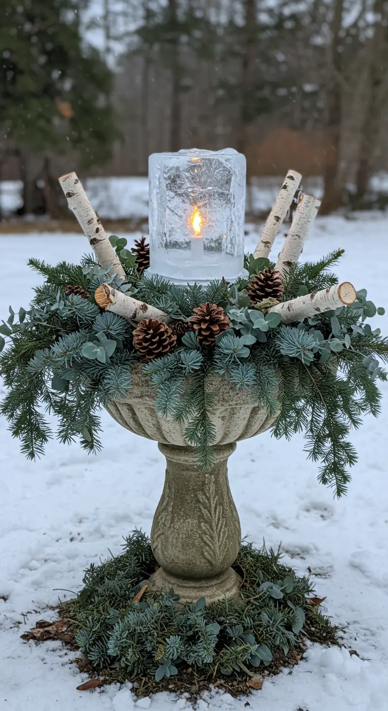 A stone garden urn filled with evergreens, pinecones, birch logs, and a central ice lantern.