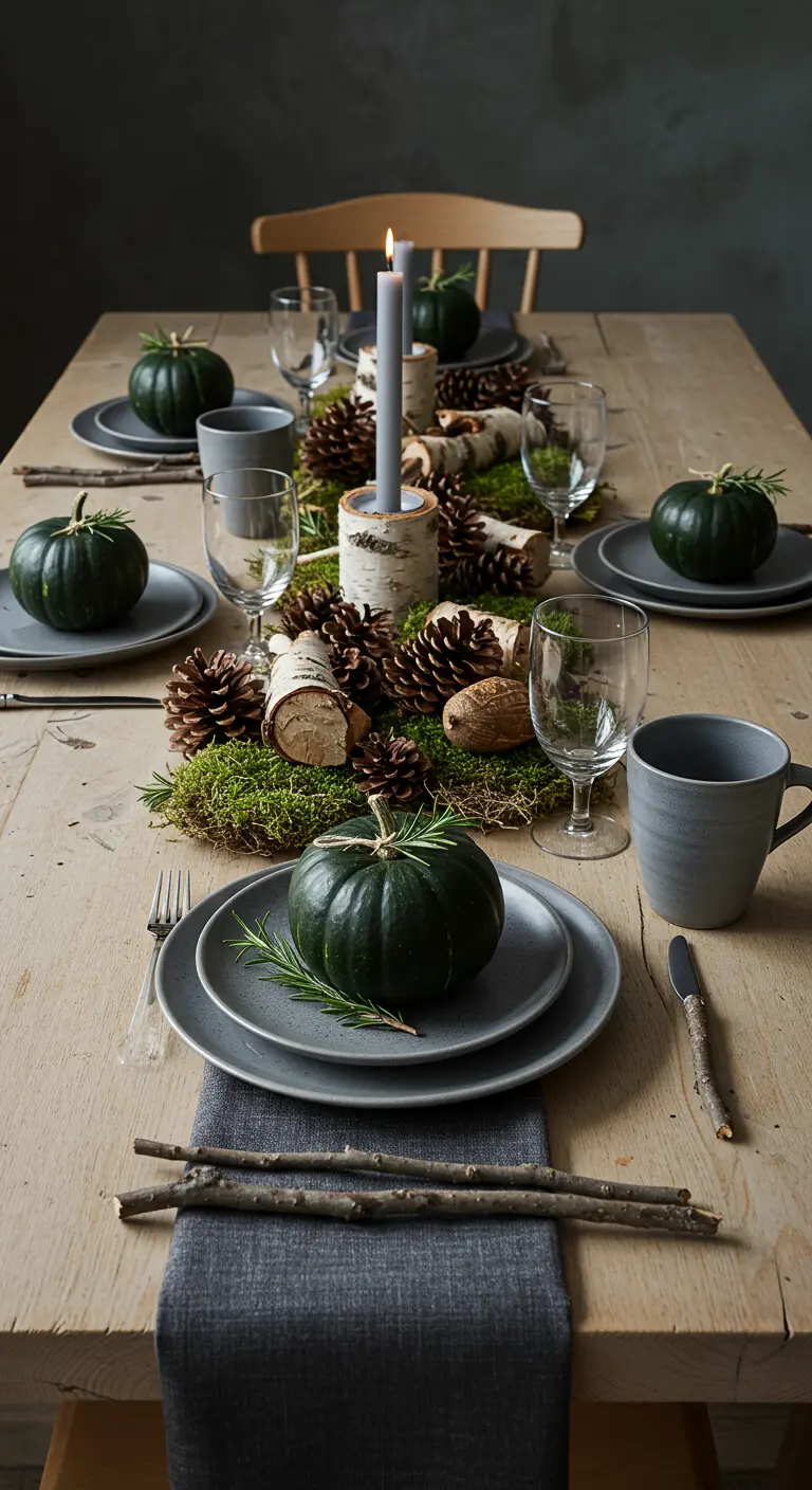 A woodland-themed table with birch log candle holders, moss, pinecones, and green squash.