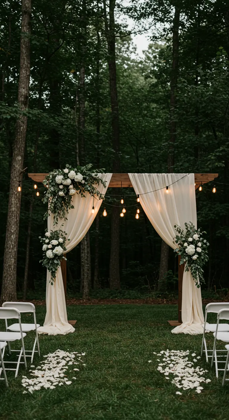 A wooden pergola decorated as a wedding arch with white drapes, flowers, and Edison lights.