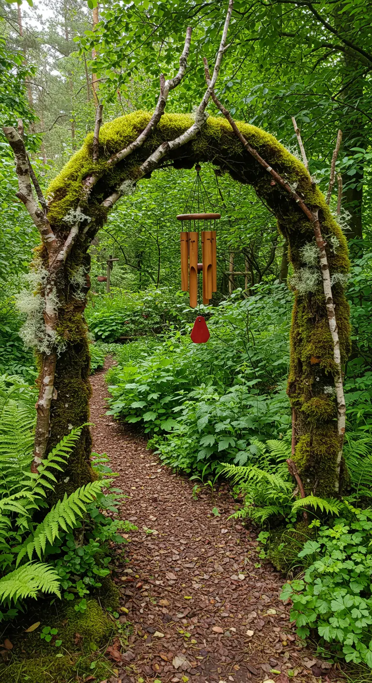 A garden arch made of mossy branches with a wind chime, leading to a woodland path.