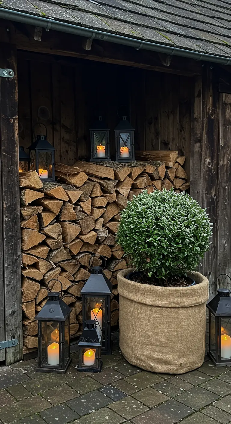 A neat stack of firewood flanked by a burlap-wrapped boxwood and several glowing black lanterns.
