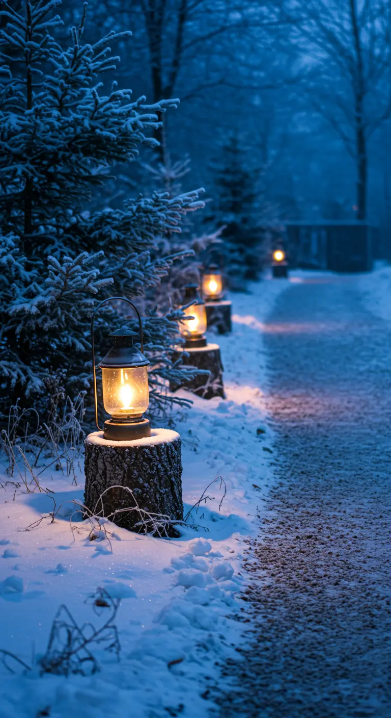Rustic lanterns resting on snow-dusted tree stumps along a path.