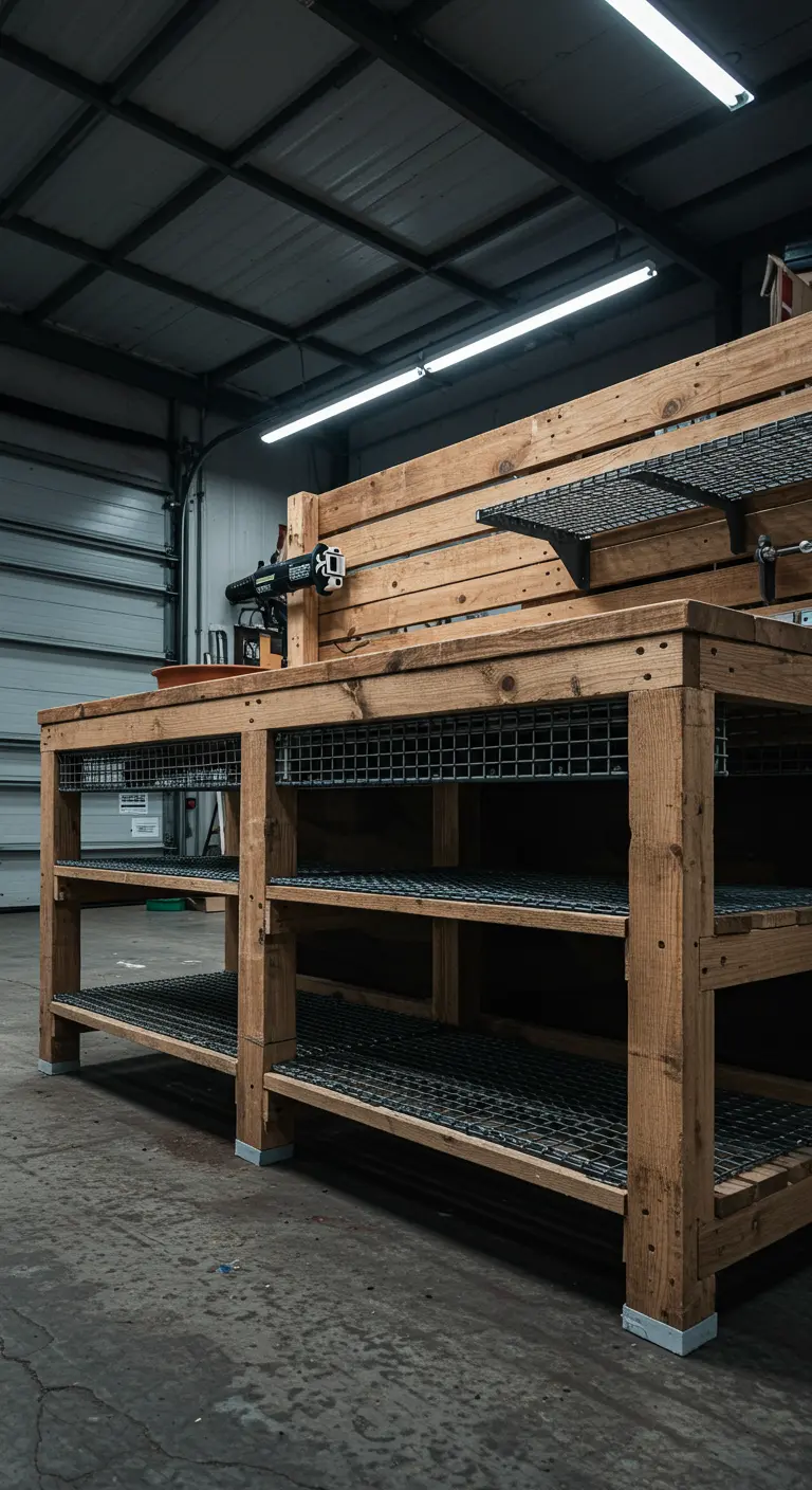 A heavy-duty pallet wood and wire mesh bench in a garage, designed for storing tools and supplies.