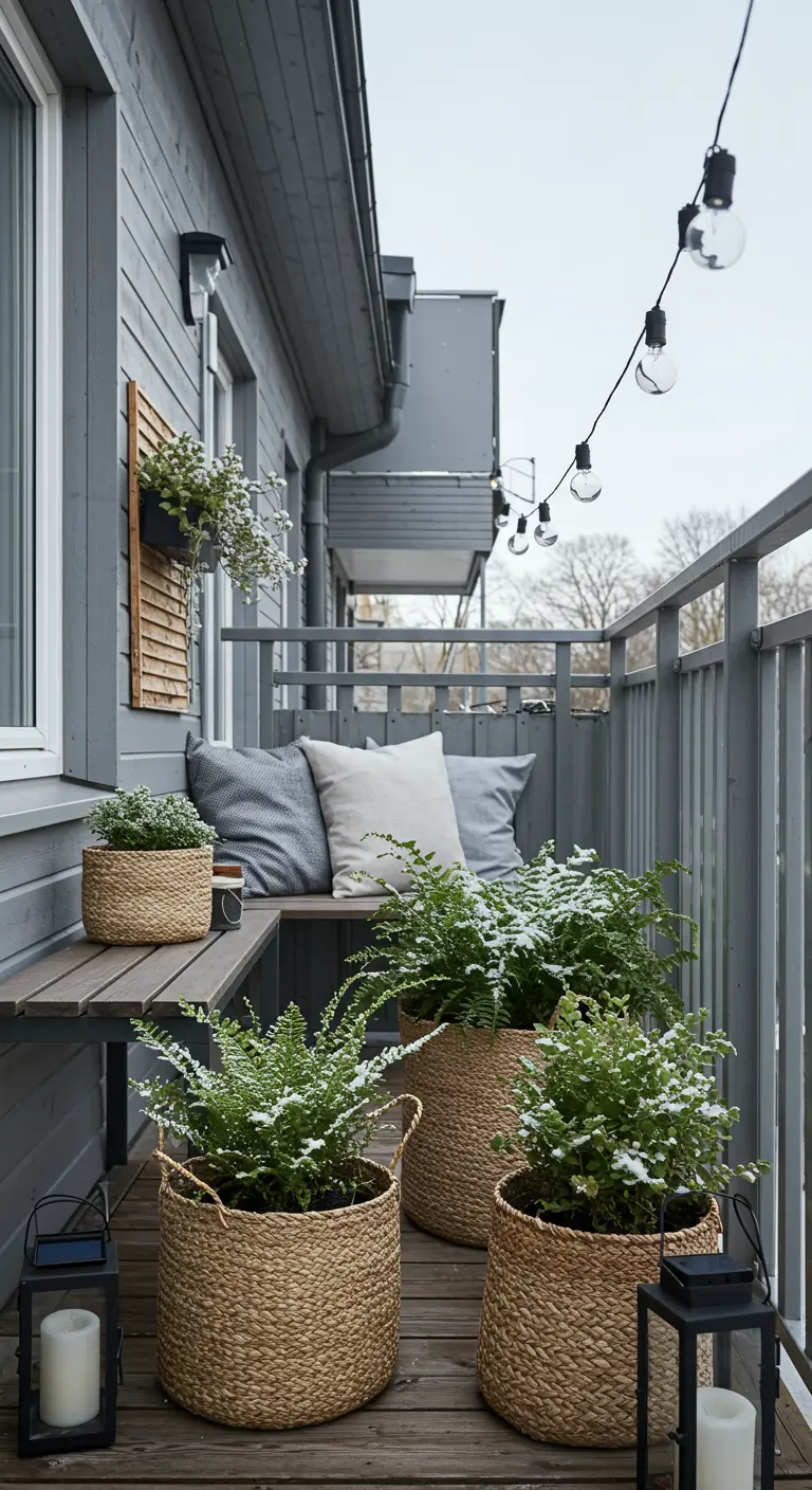 Hardy ferns planted in large woven baskets on a grey wooden balcony in the snow.