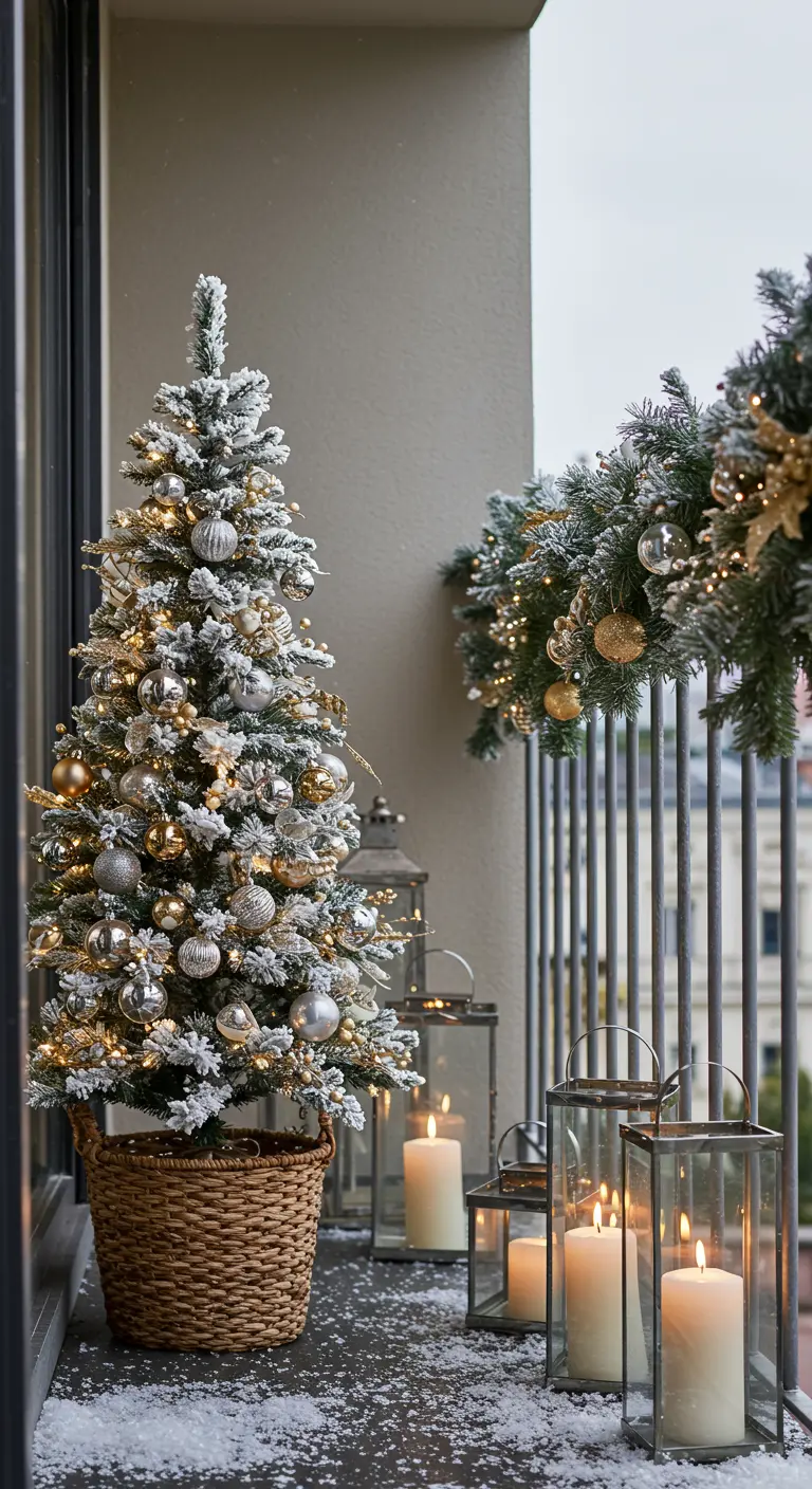 A snow-flocked Christmas tree in a woven basket, surrounded by glowing lanterns on a balcony.