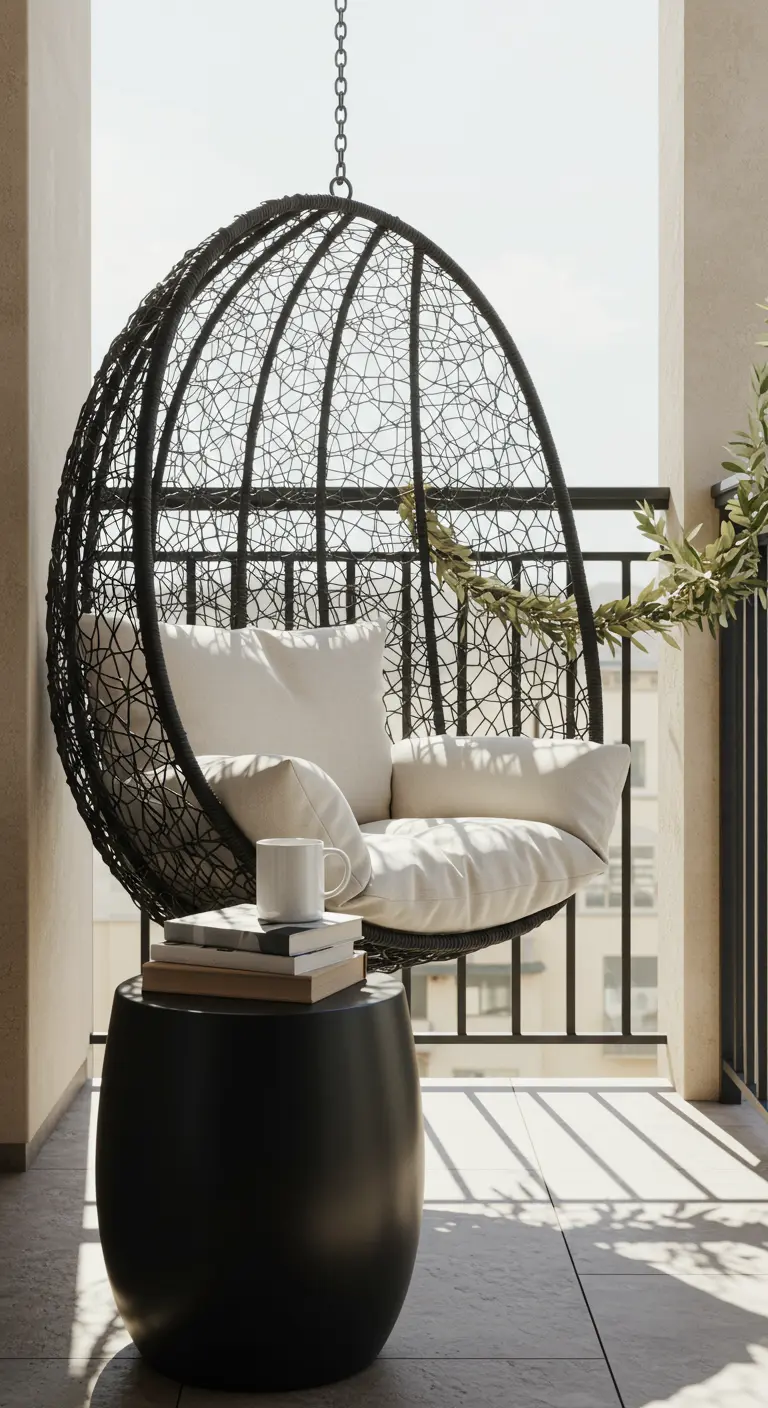 A black woven hanging egg chair with white cushions on a sunlit balcony.