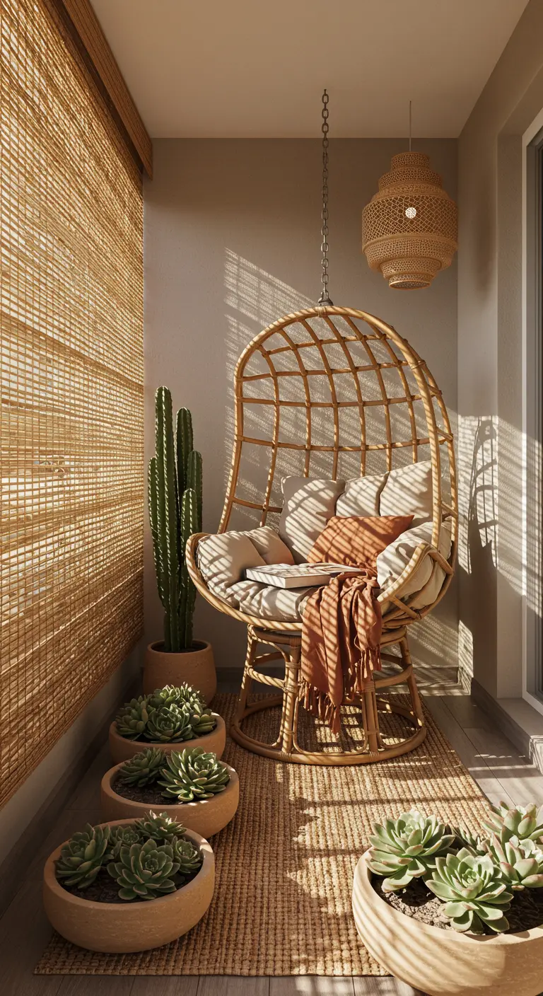 A narrow balcony with a hanging rattan chair, bamboo blinds, and low succulent bowls.