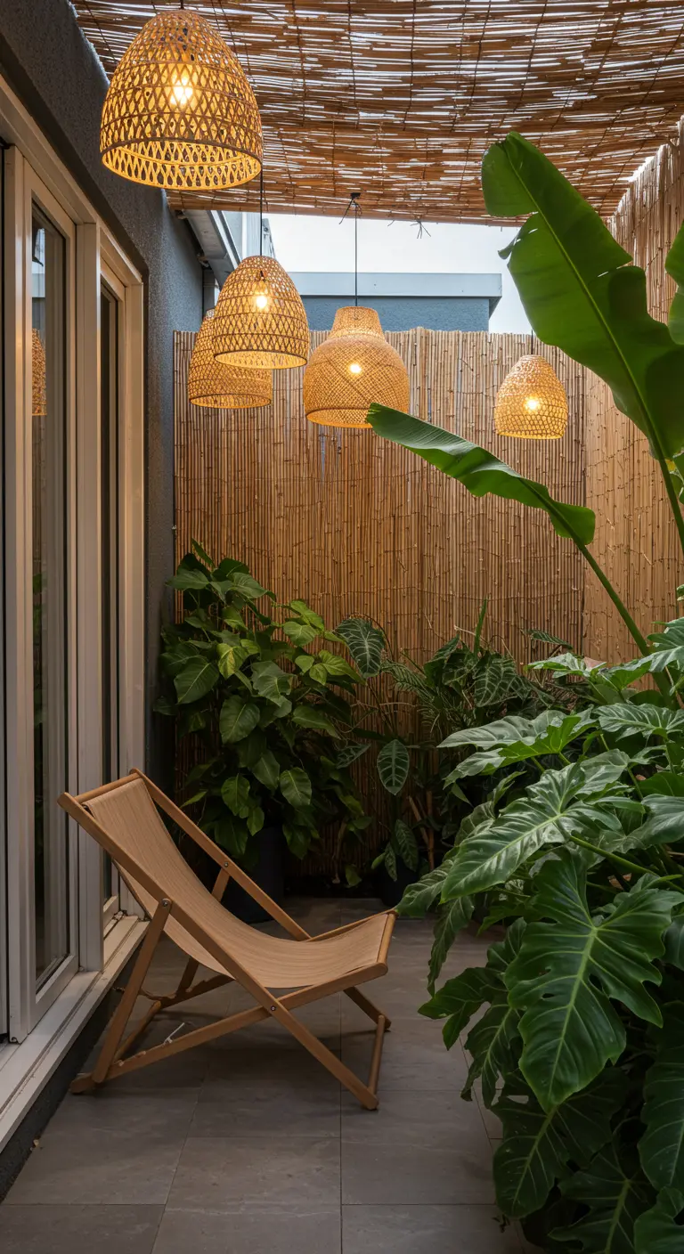 A cozy patio with a bamboo screen, rattan pendant lights, and large tropical plants.