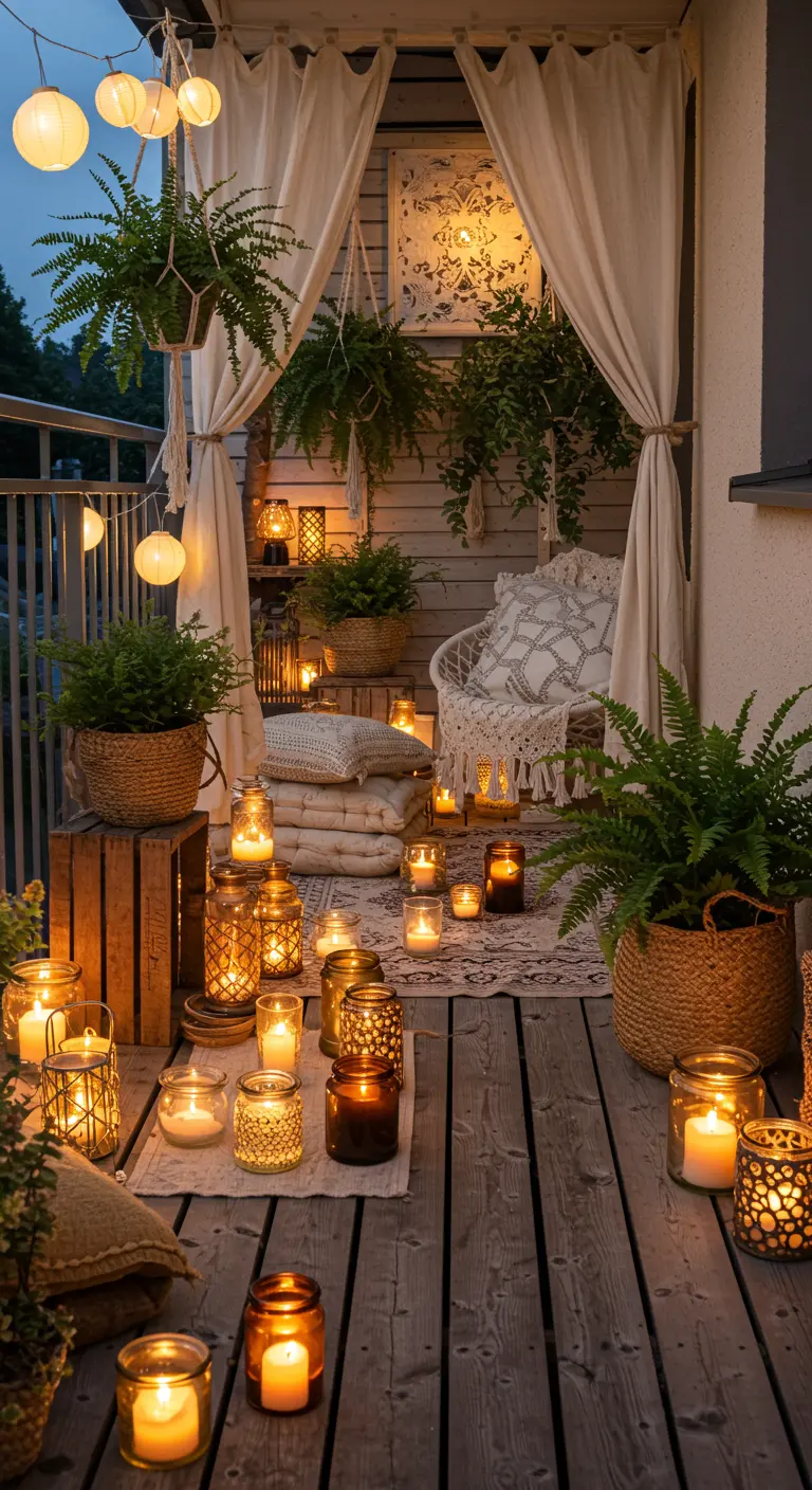 Boho balcony with wood floors, layers of rugs, hanging ferns, and dozens of candles.