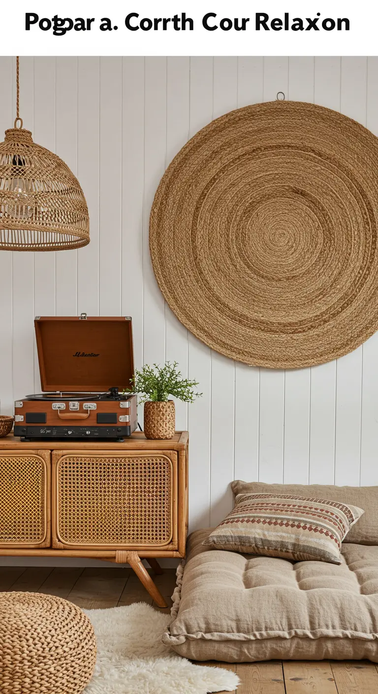 A large circular woven jute hanging on a white wall above a rattan cabinet and floor cushions.