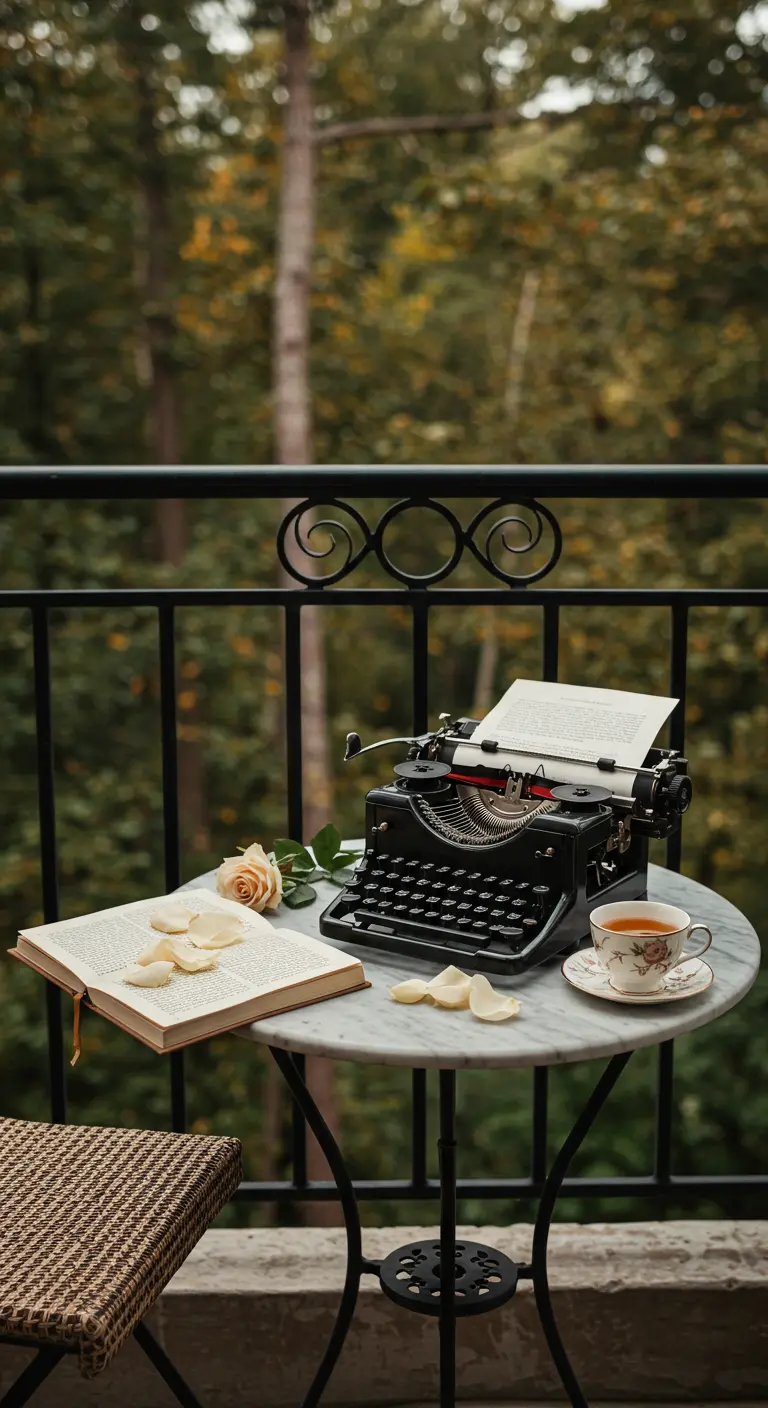 A marble bistro table on a balcony with a vintage typewriter, a book, and a single rose.