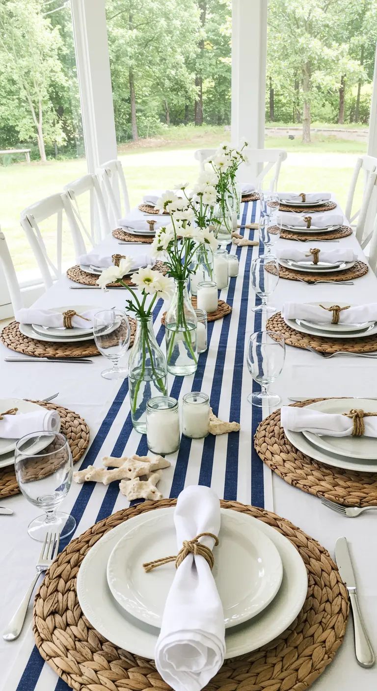 Dining table with a blue and white striped runner, woven placemats, and simple flowers.
