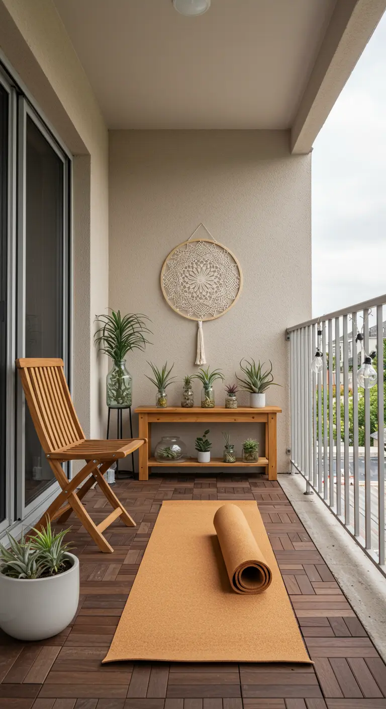 A balcony set up for yoga with a cork mat and a bench of succulents.