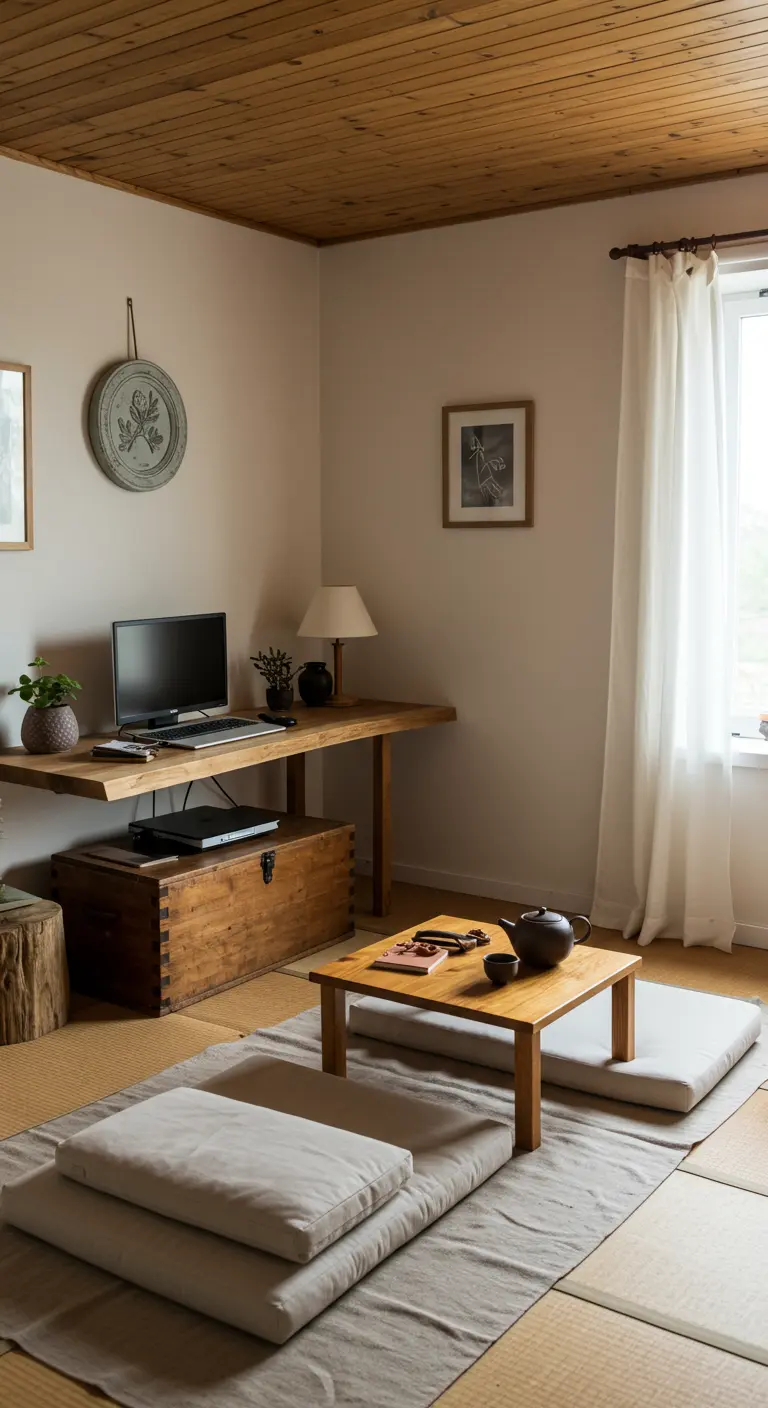 A serene, Japanese-inspired room with a simple wooden desk and low floor cushions for seating.