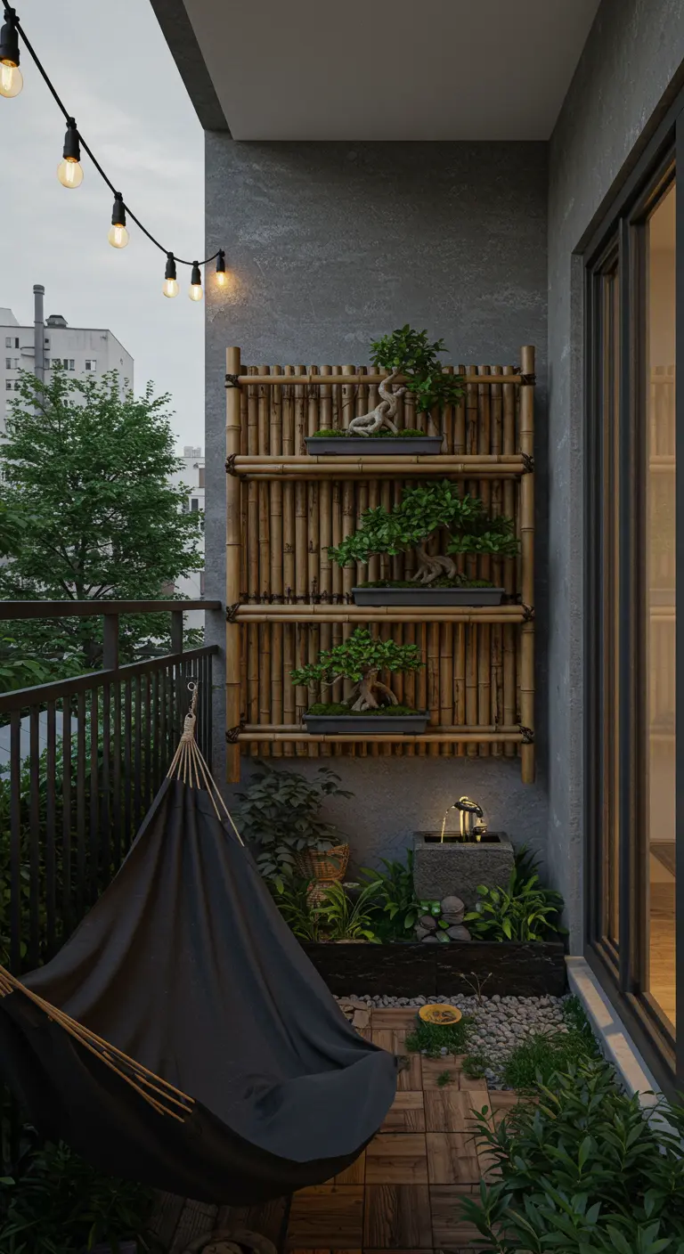 A serene balcony featuring a bamboo shelf with bonsai trees, a small water feature, and a black hammock.