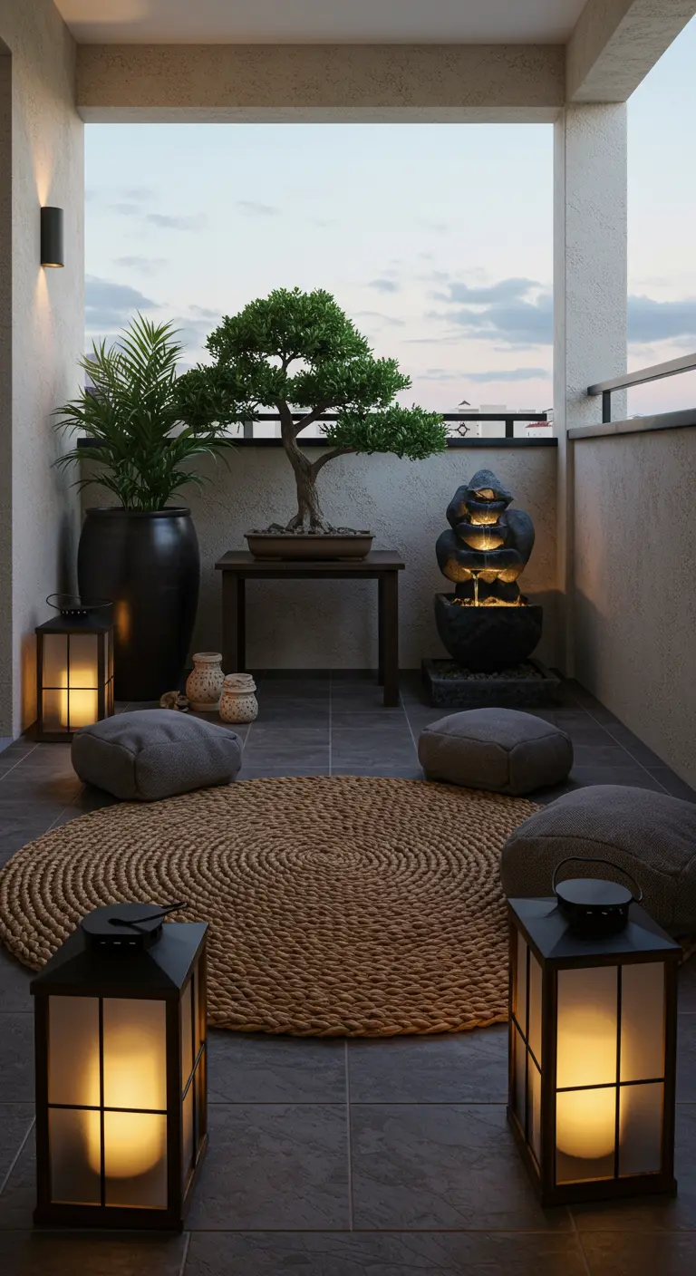 A minimalist Zen balcony with a round jute rug, a small fountain, a bonsai tree, and lanterns.