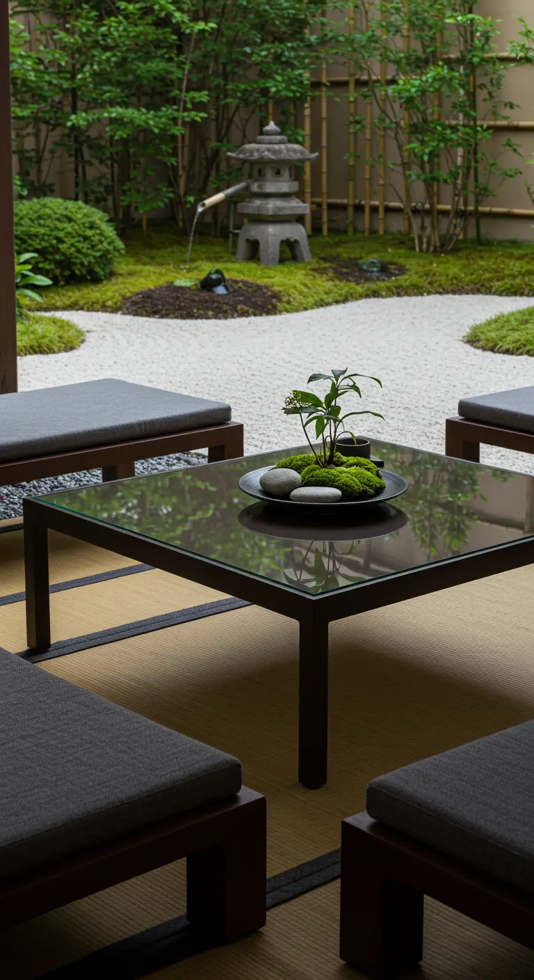 A Japanese-inspired patio with a low table featuring a minimalist arrangement of moss and stones.
