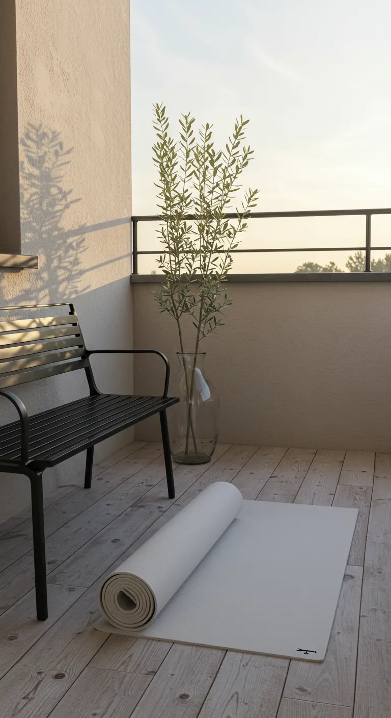 A black bench and a rolled yoga mat on a balcony with olive branches in a vase.