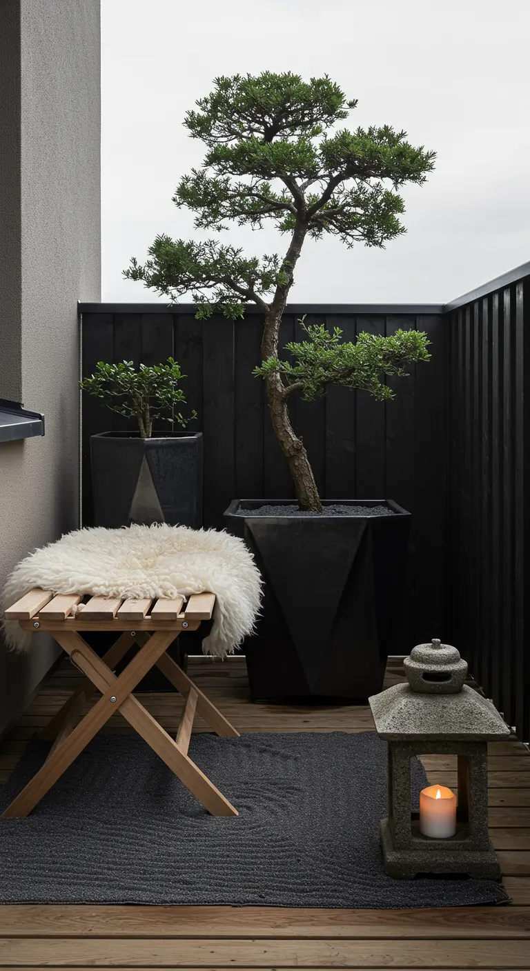 A balcony with a Japanese aesthetic, featuring a bonsai tree and a dark rug.