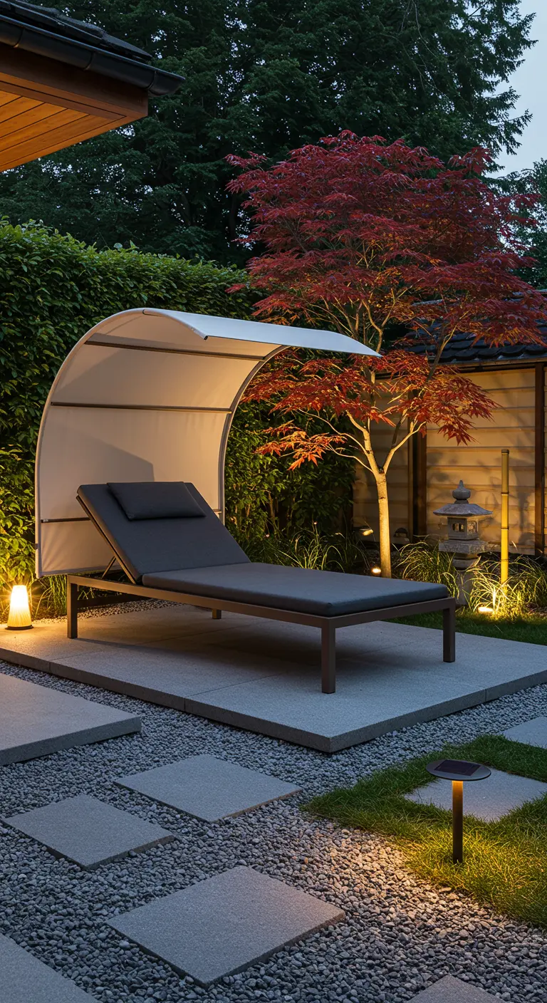A canopied sunbed on a stone platform in a Japanese-inspired garden at dusk.