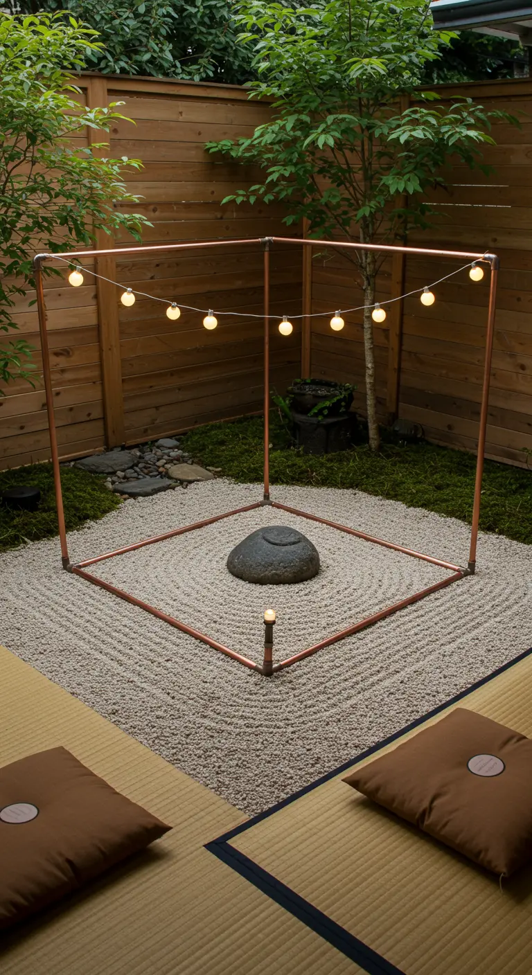 A minimalist copper cube frame outlining a small zen garden with raked sand.
