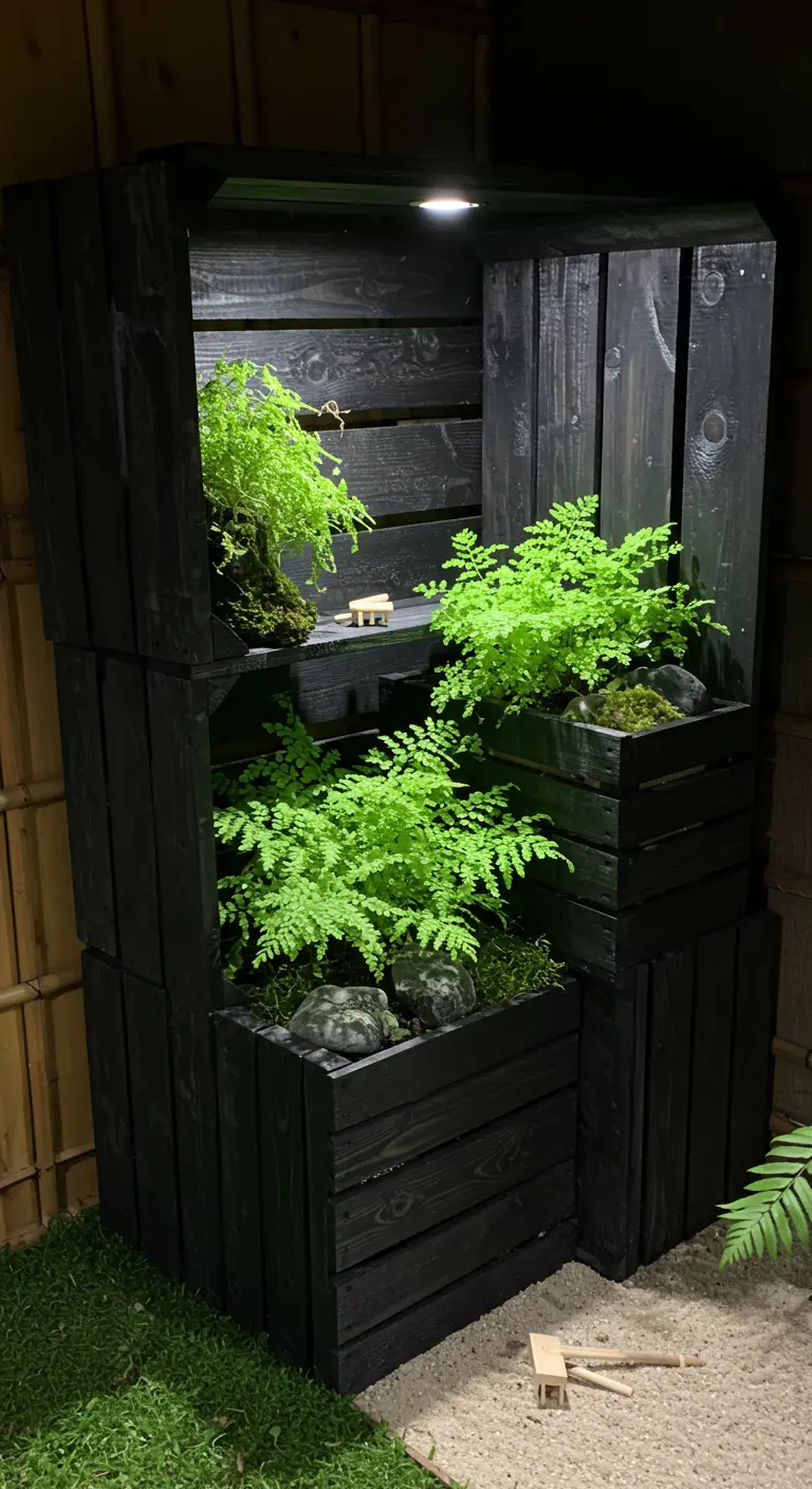A tiered display of black-painted crates with bright green ferns, illuminated by a spotlight in a dark corner.