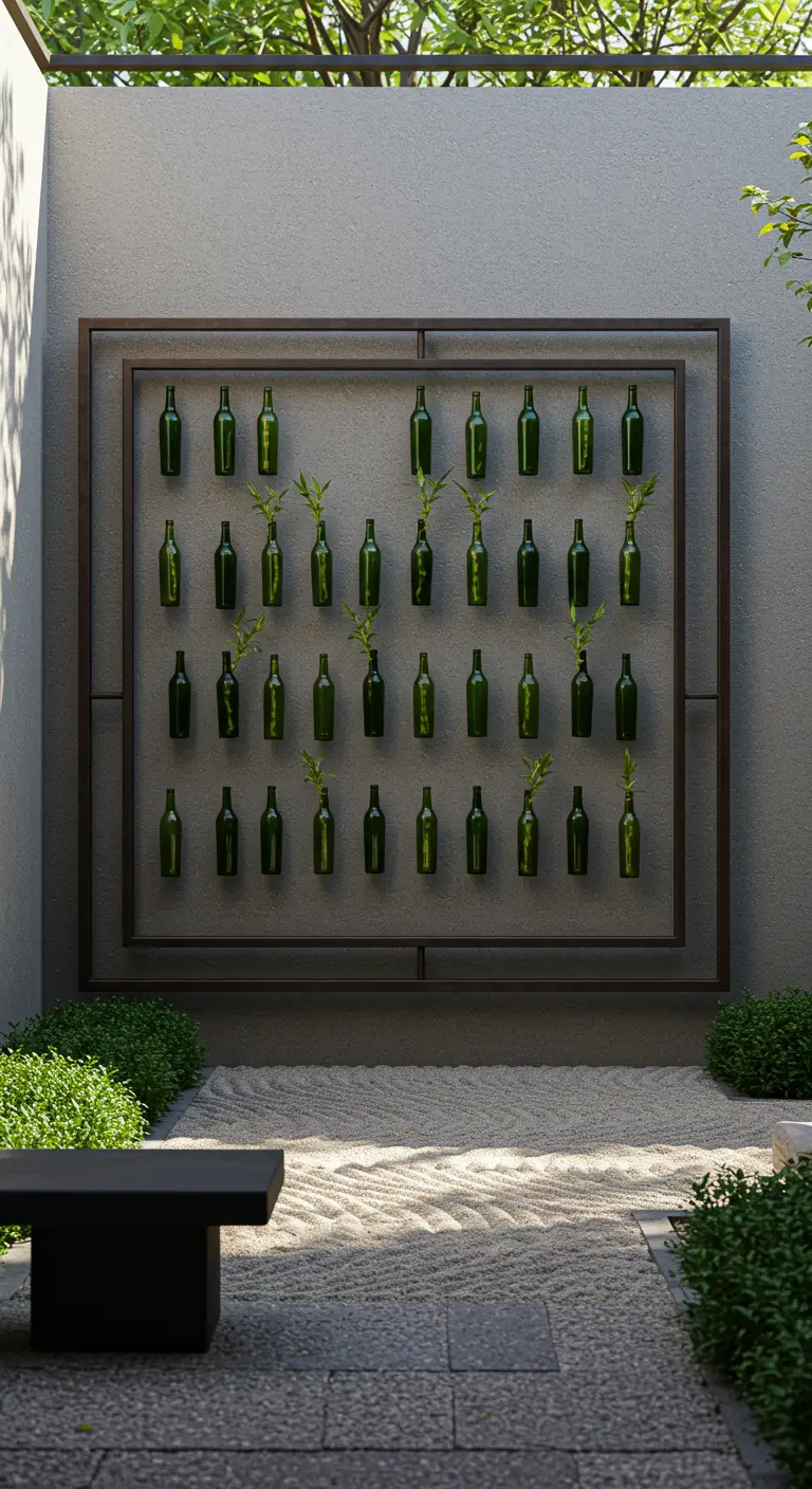 A minimalist bottle garden with uniform plants against a gray wall in a Zen garden.