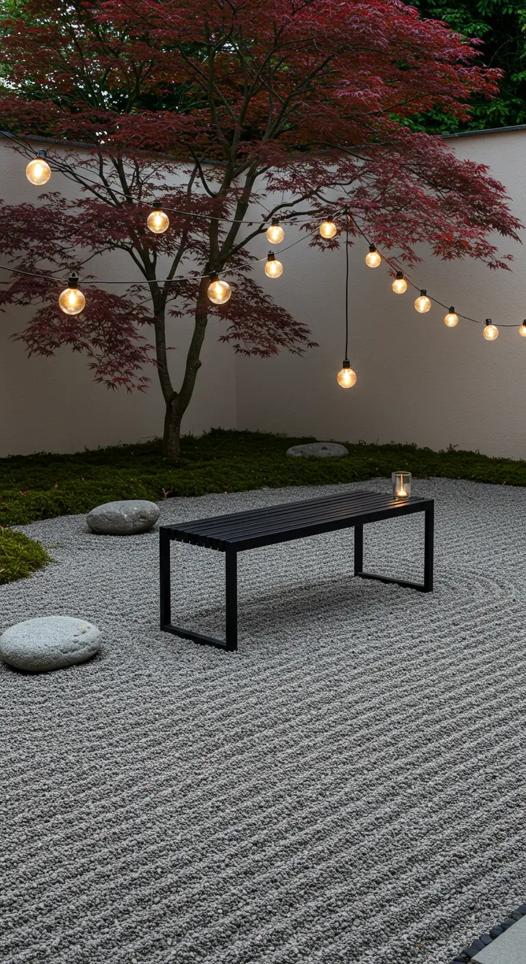 A black steel bench in a Japanese zen garden with a red maple tree and string lights.