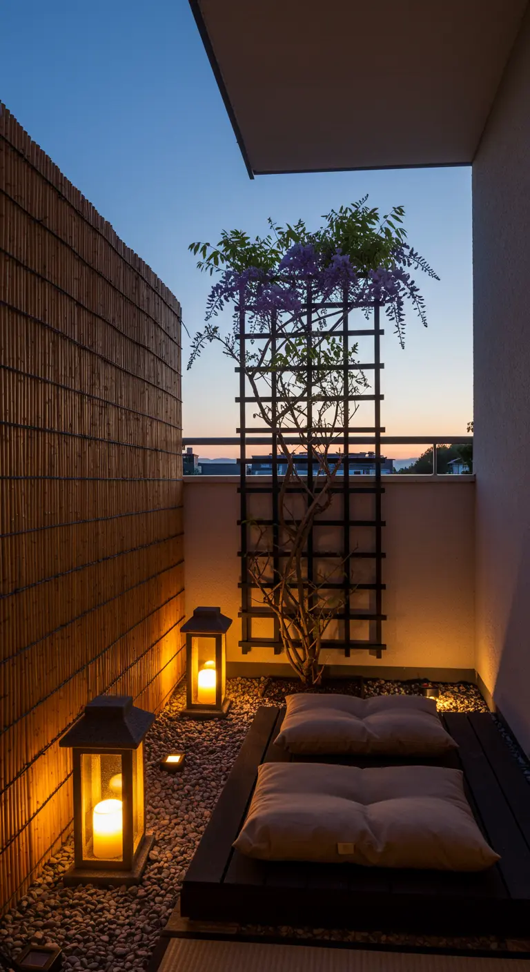A Japanese-inspired balcony at dusk with a bamboo screen, pebble flooring, and glowing lanterns.