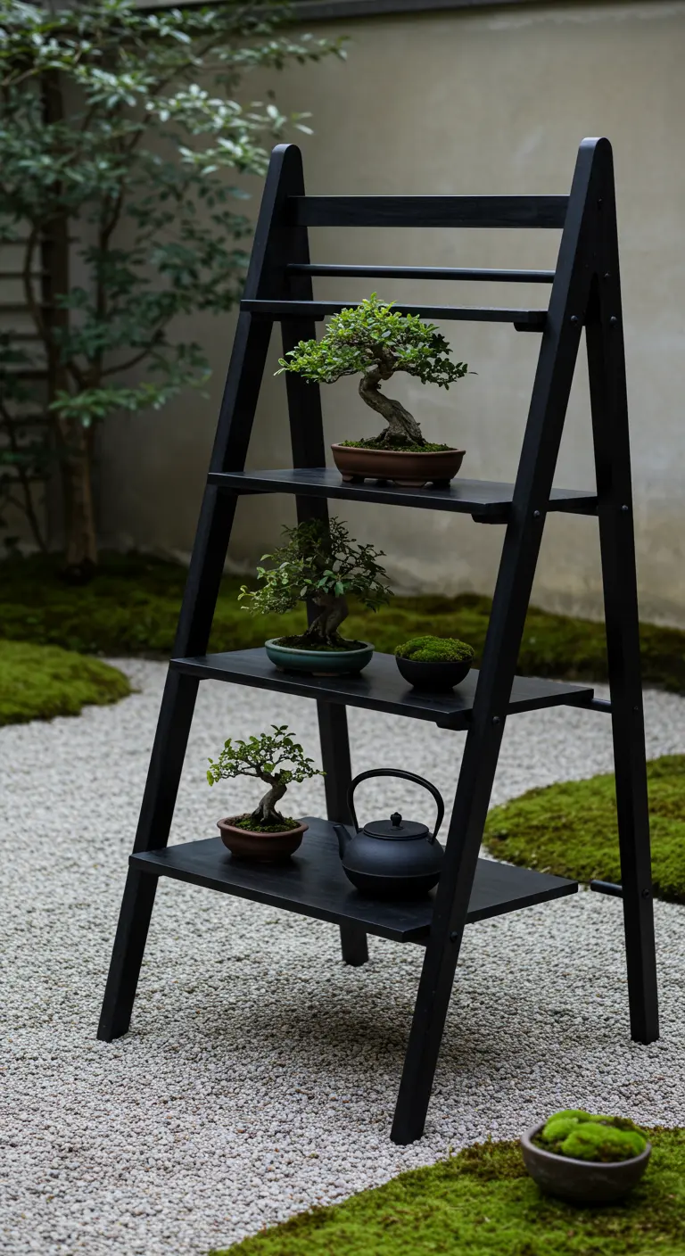 A matte black ladder in a zen garden holding a few bonsai trees and a black teapot.