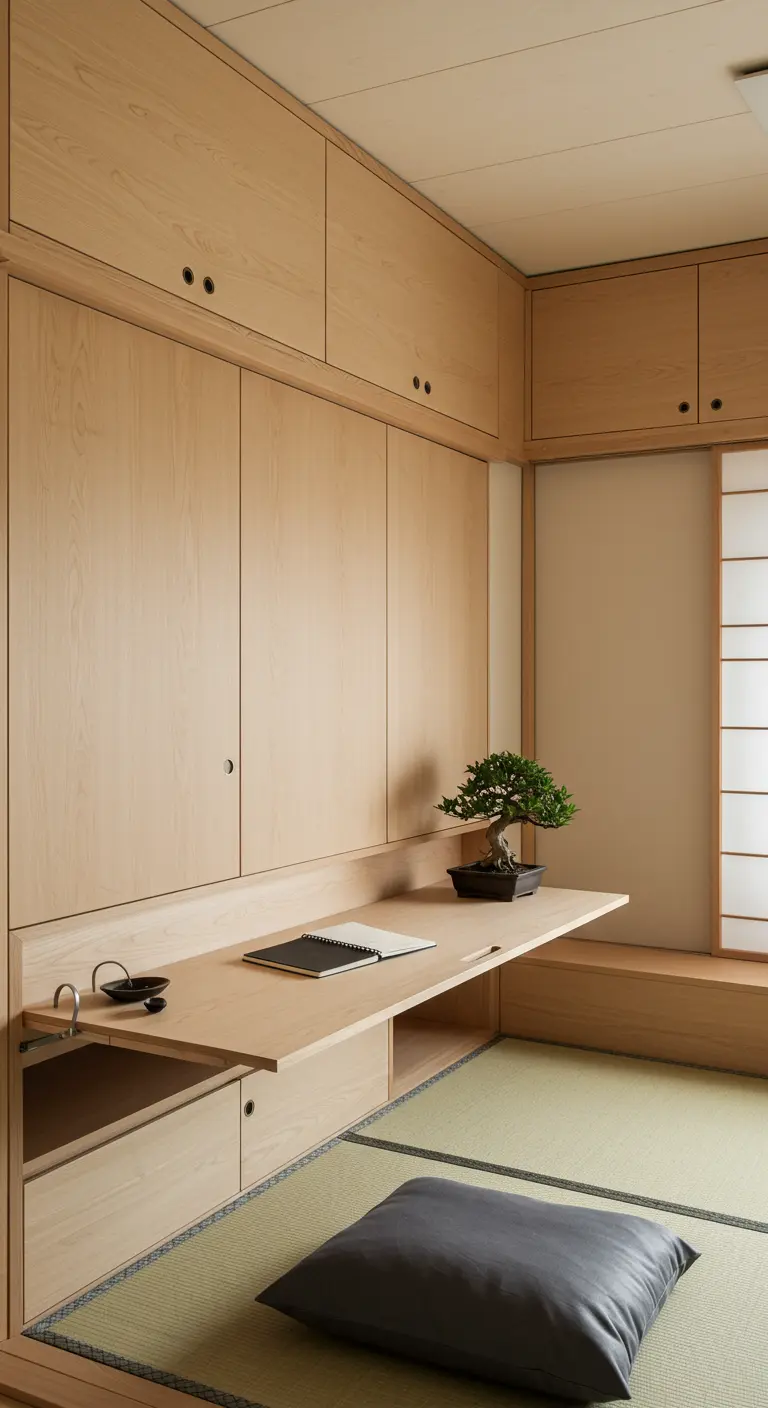A light wood, wall-to-wall built-in with a fold-down desk and tatami mat floor.