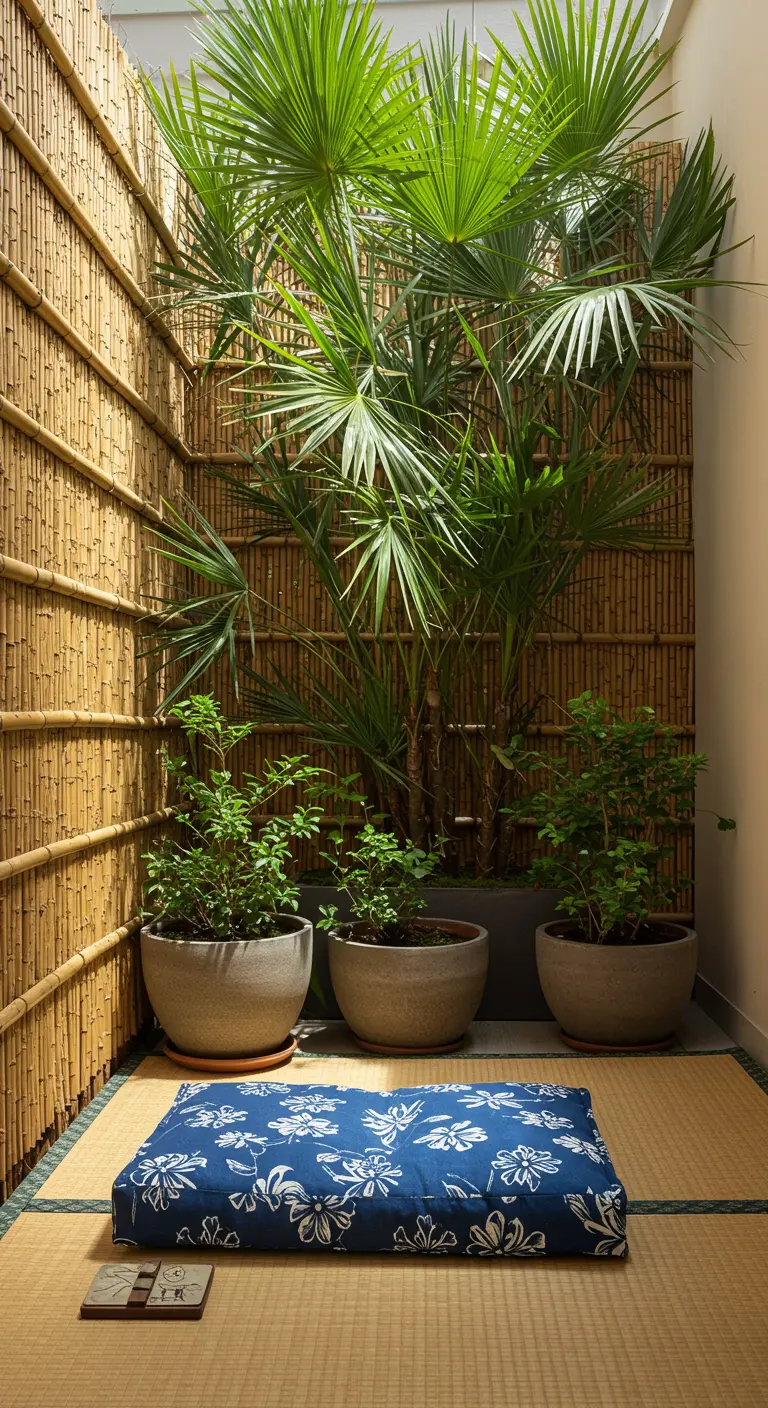 A Japanese-inspired balcony with bamboo walls, a tatami mat, and a blue floor cushion.
