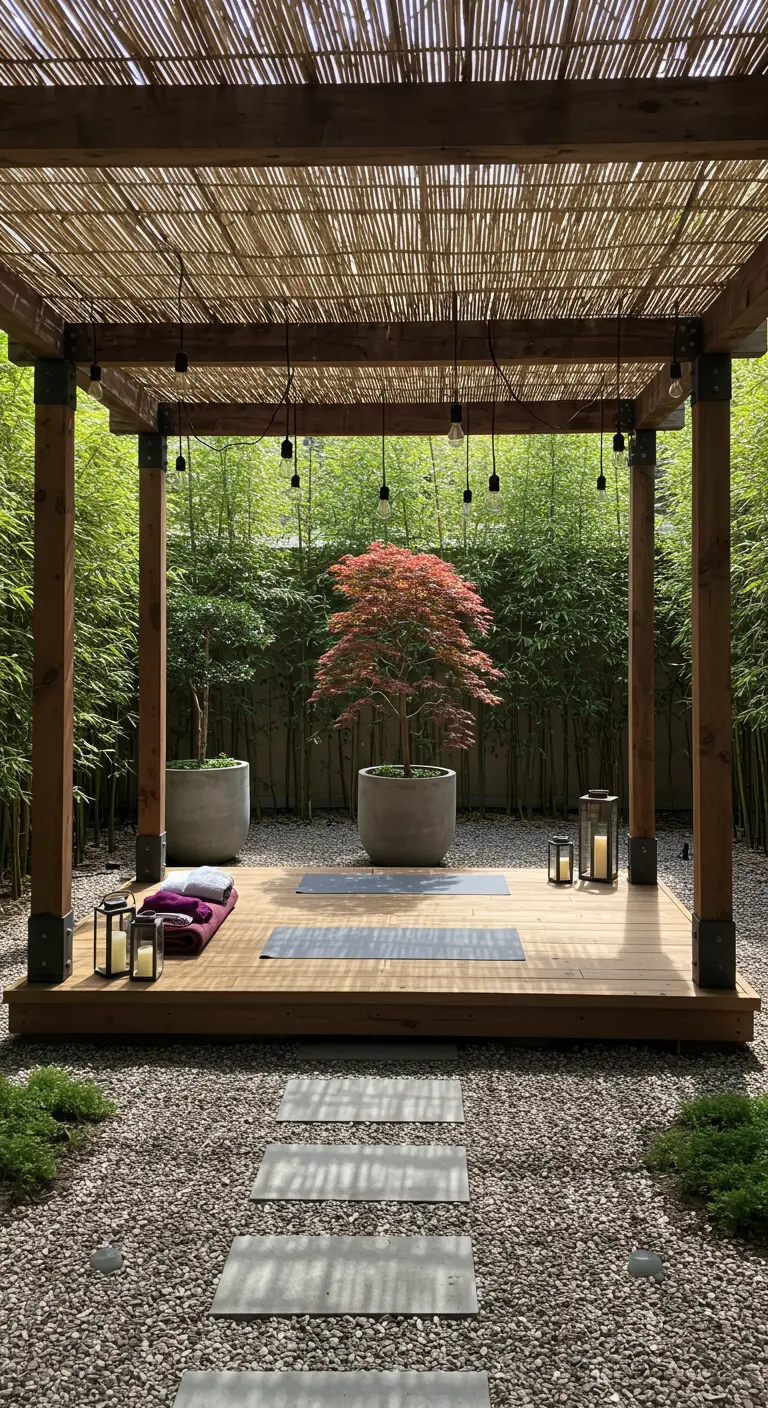 A wooden pergola with a bamboo roof, creating a zen meditation space with a Japanese Maple.