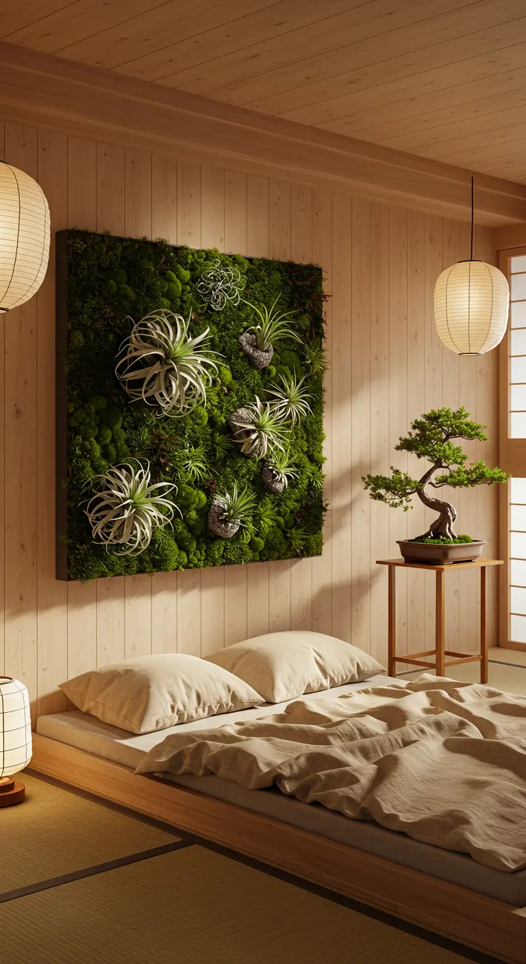 A Japanese-style bedroom with a framed moss and air plant wall panel.