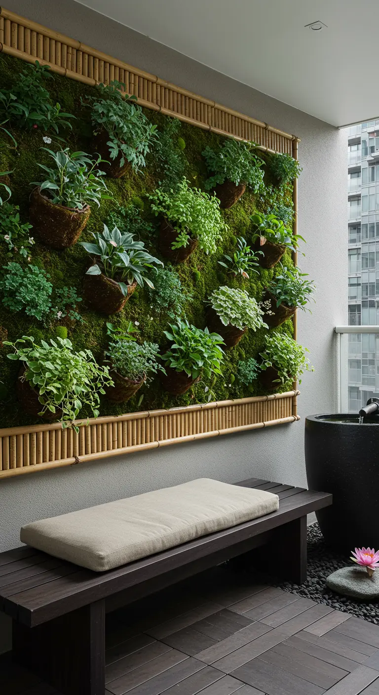 A vertical garden wall with a mossy background and various plants, framed by bamboo poles.