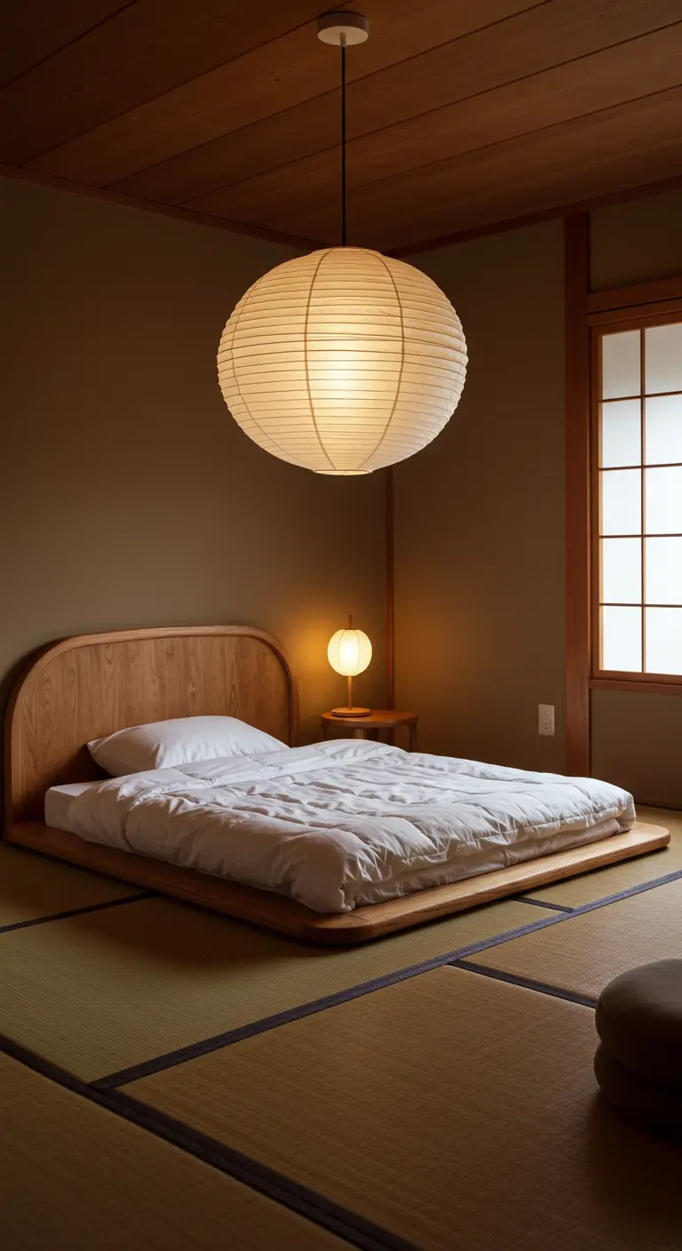 A low platform bed on tatami mats in a minimalist bedroom with a large paper lantern.