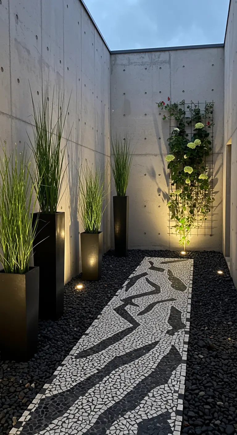 Modern courtyard with concrete walls, a black and white pebble mosaic path, and tall grasses.
