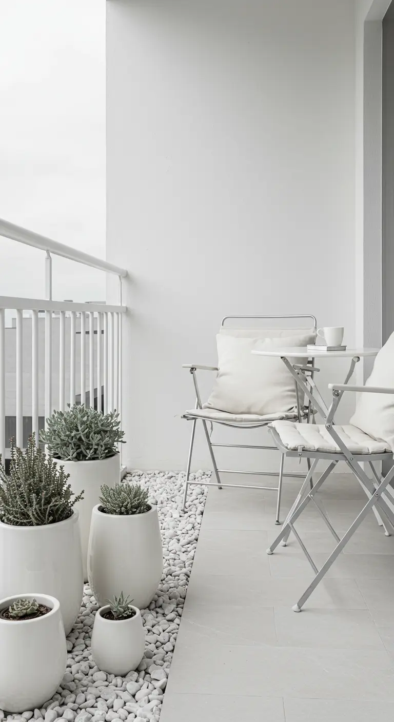 An all-white balcony with white planters nestled in a bed of white pebbles for a serene look.