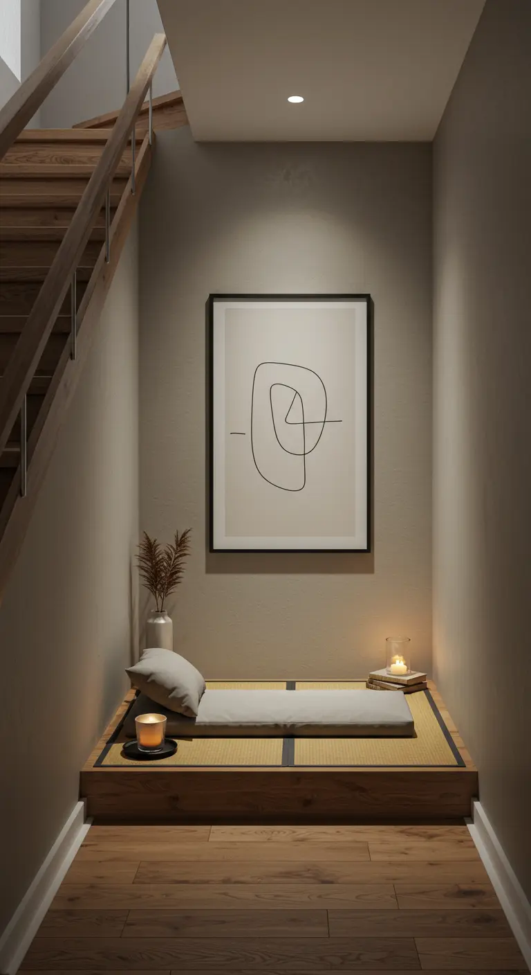 A minimalist meditation nook under stairs with a raised platform, tatami mat, and abstract art.