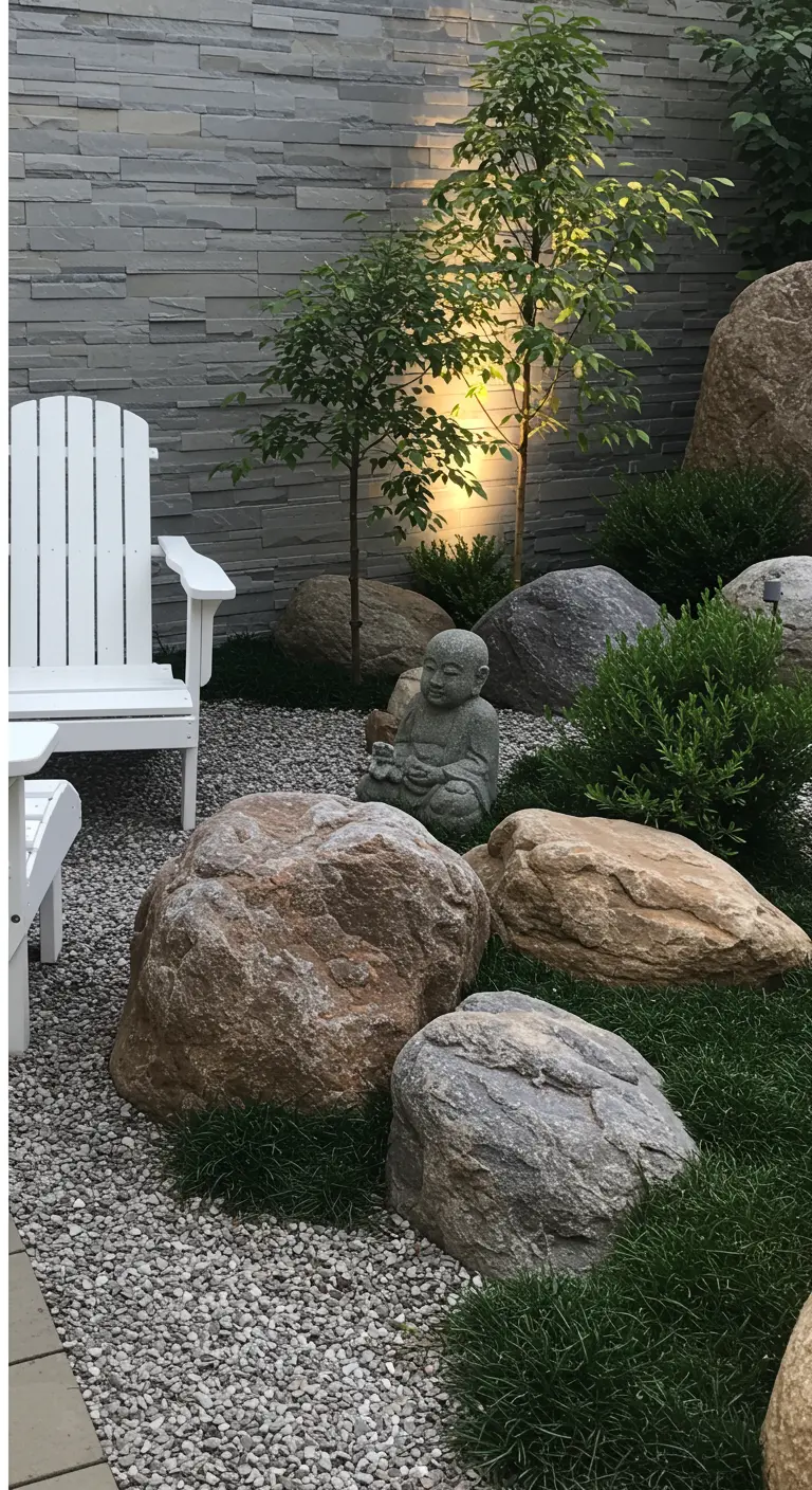 A small Buddha statue sits in a modern rock garden with a white Adirondack chair and uplighting.