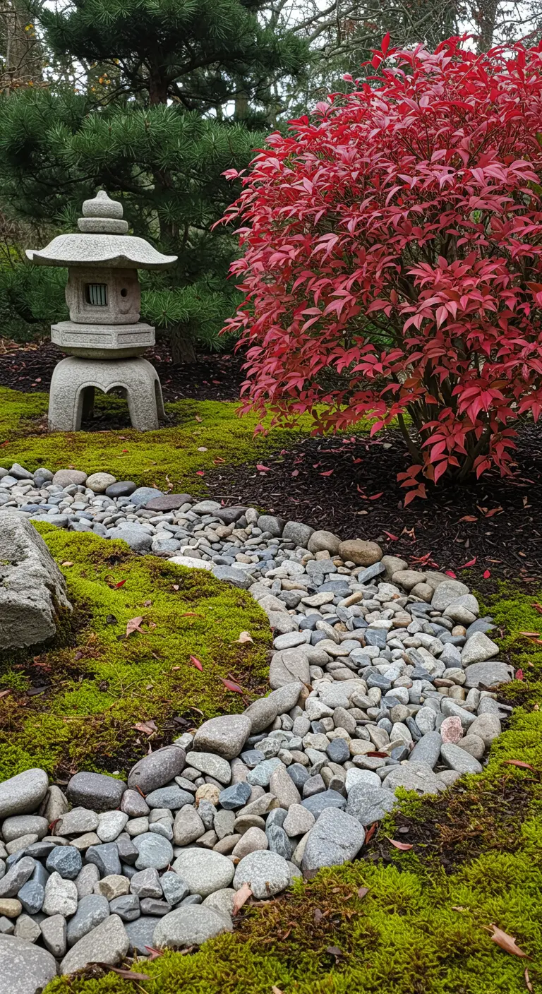 A dry creek bed of stones winds through a mossy garden with a lantern and red bush.