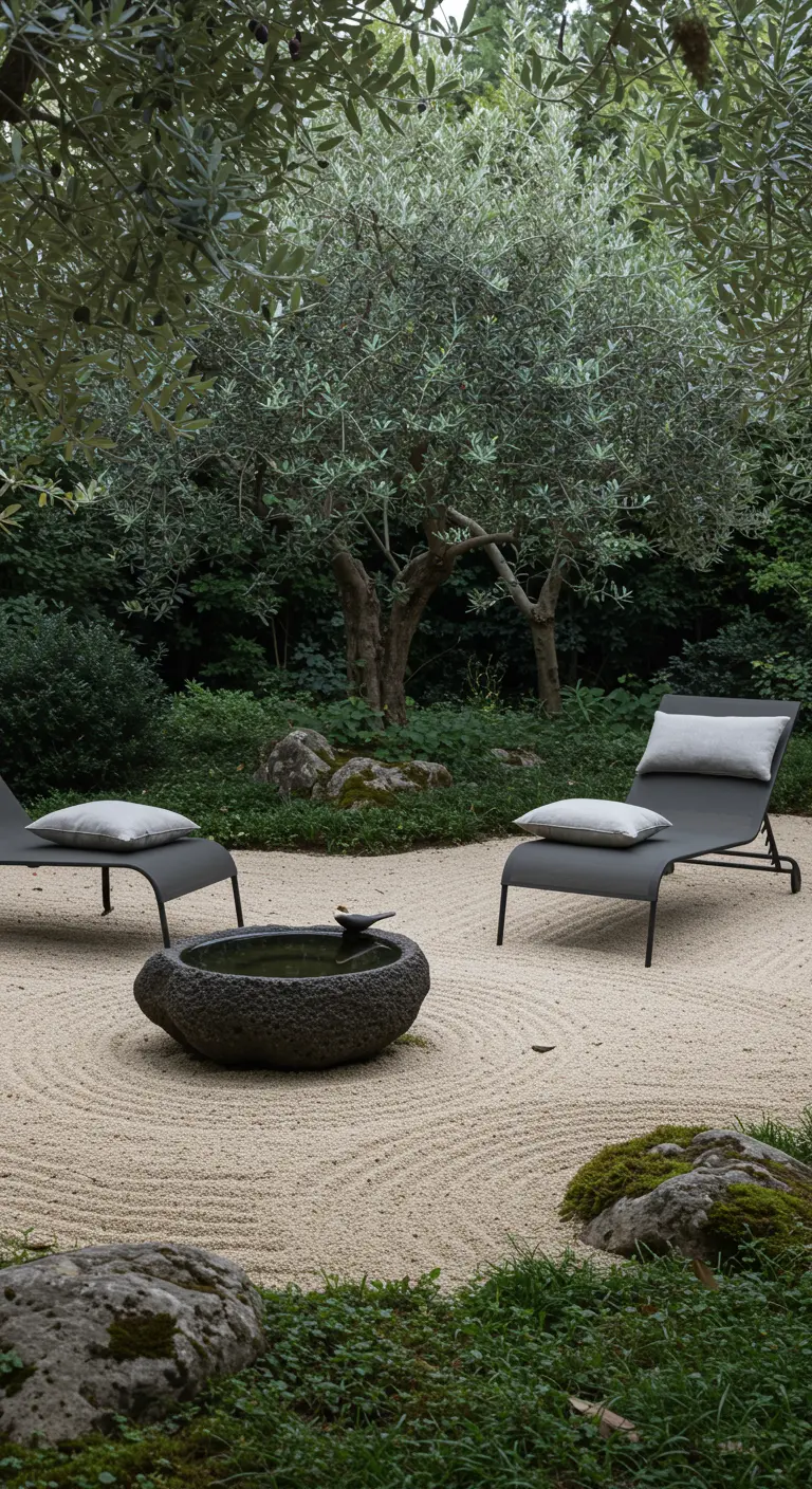 A Japanese-inspired garden with raked sand, a rough stone water basin, and modern loungers.