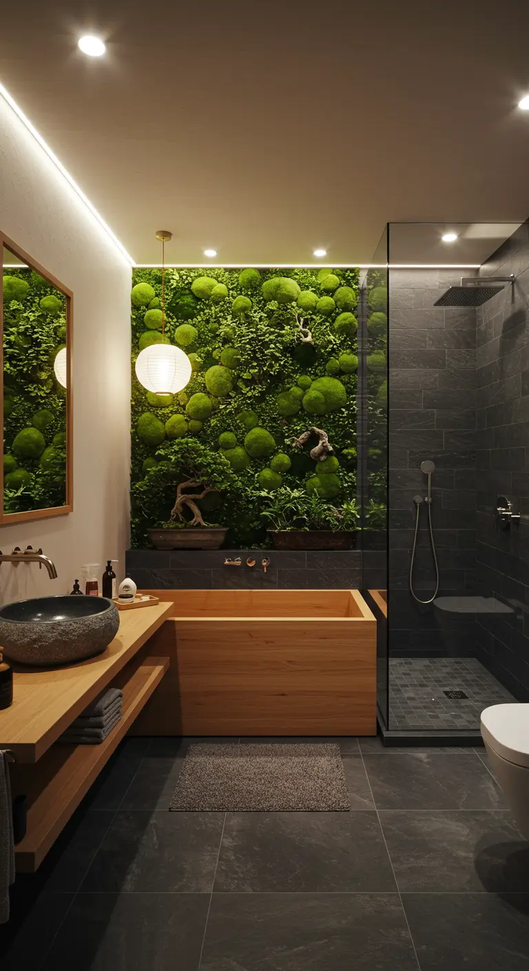 Zen bathroom with a moss wall, wooden soaking tub, and stone sink.
