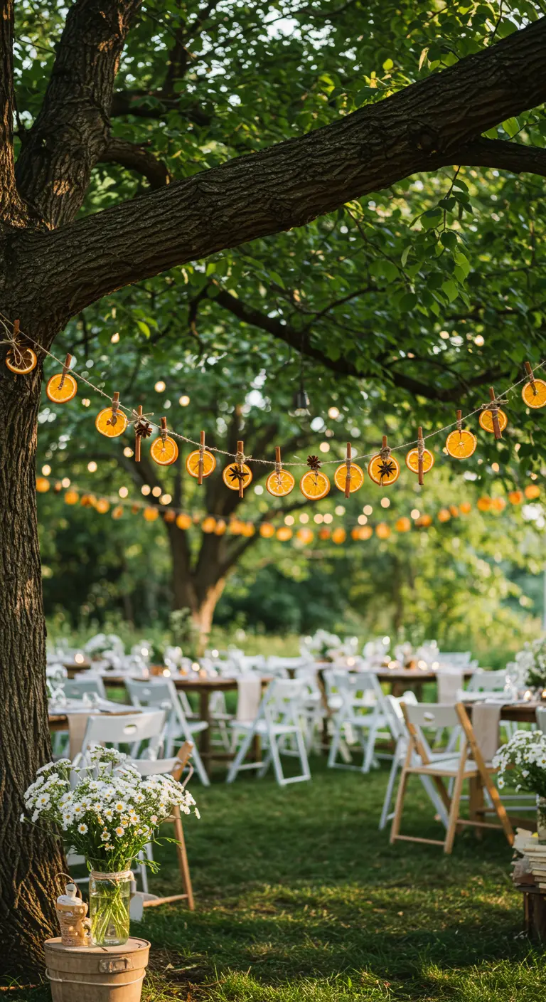 A garland of dried orange slices and spices hanging between trees above a garden party setup.