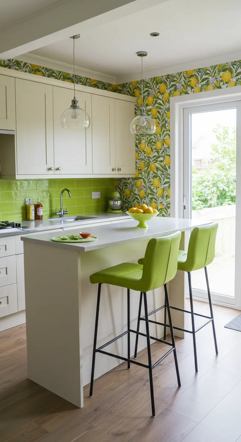 Kitchen with a vibrant lemon-print wallpaper and a bright lime-green backsplash.