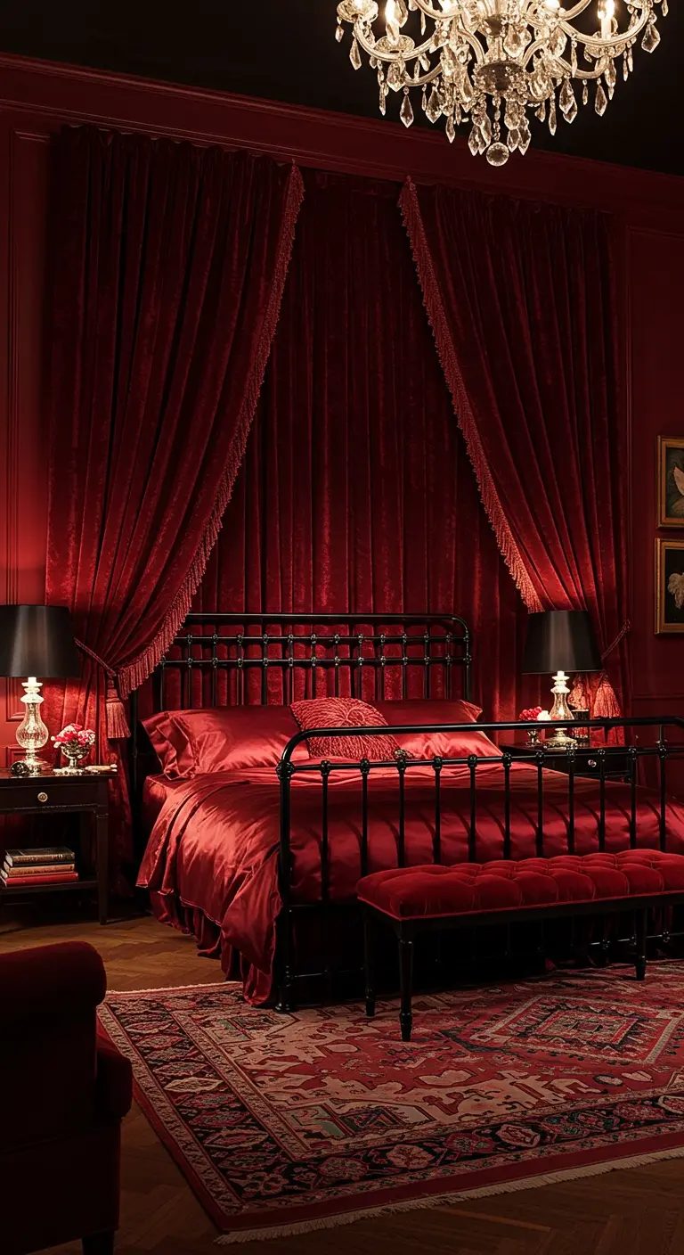Dramatic red bedroom with velvet curtains draped around a black iron bed.